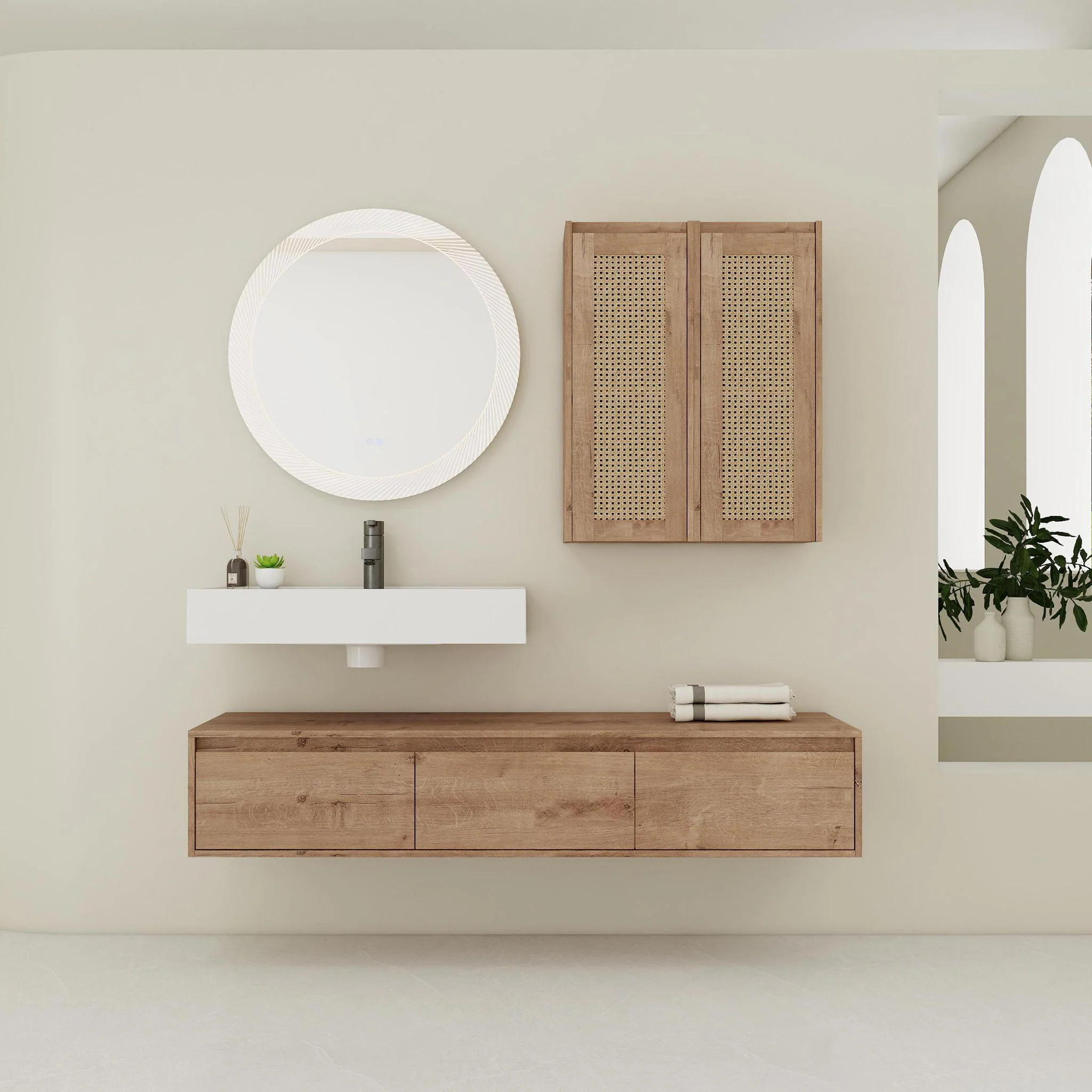 Modern Wall Mounted Bathroom Vanity With Resin Sink And 2 Side Cabinet, Imitative, Construction - Imitative Oak - Image 2