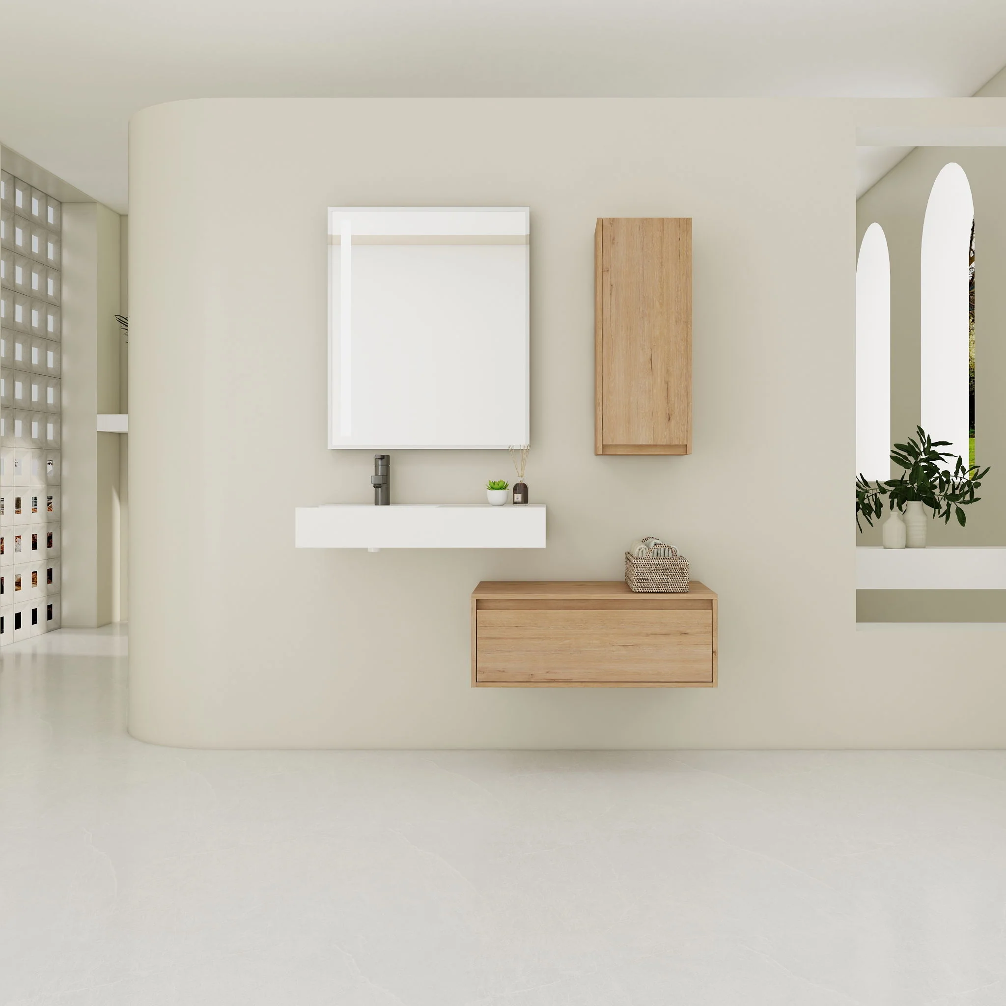 Modern Wall Mounted Bathroom Vanity With Resin Sink And Side Cabinet, Soft Close Drawer, Imitative - Imitative Oak - Image 3