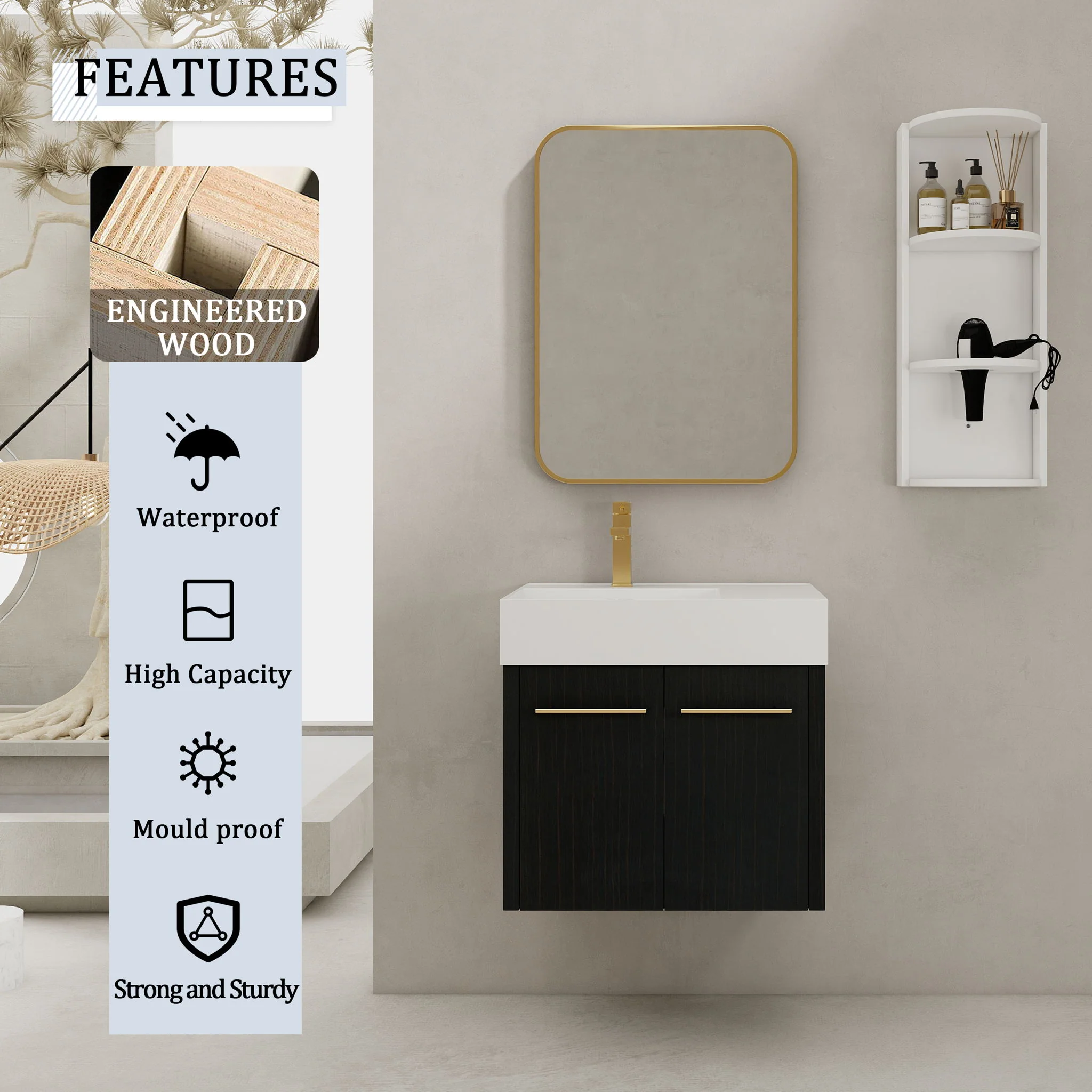Modern Wall Mounted Bathroom Vanity With Thick Edge Resin Sink And Storage Rack - Image 12