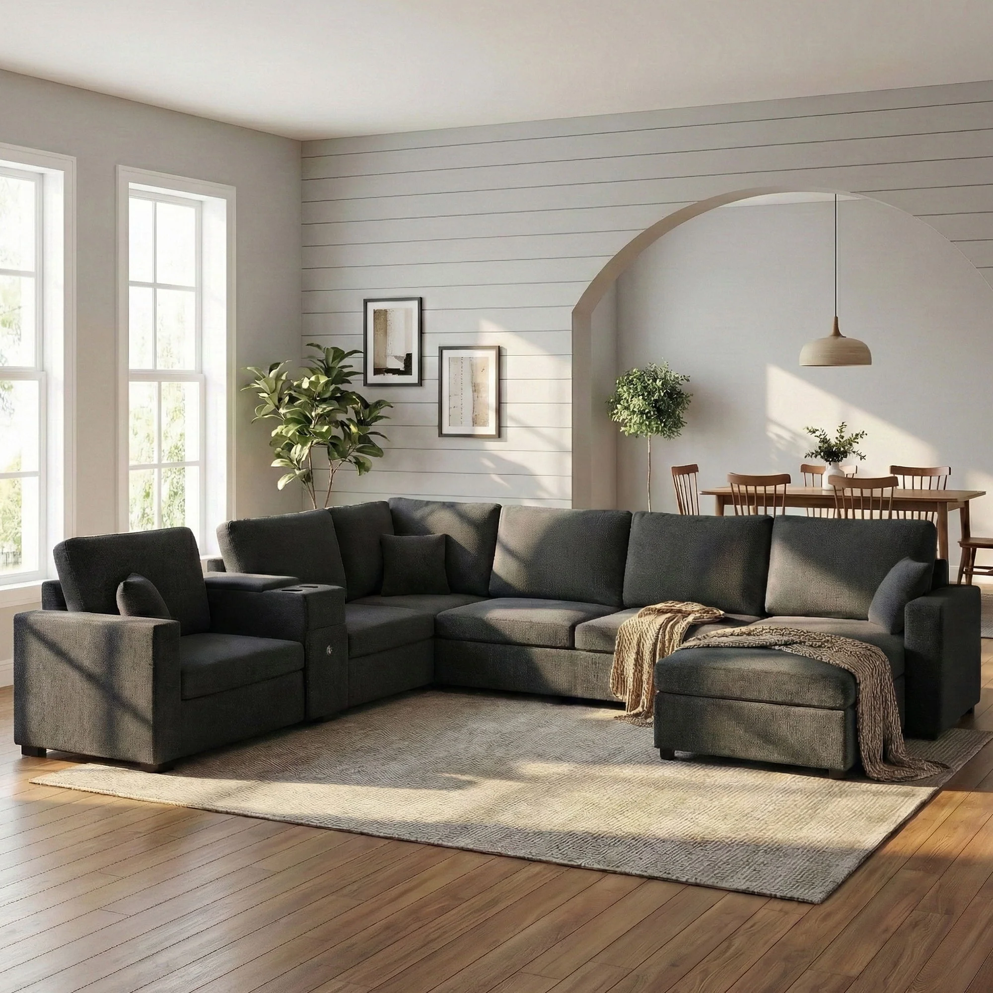 Modular 5 Seat U-Shape Sectional Sofa With Chaise Lounge, Built In Cup Holders And Storage Drawer - Image 5