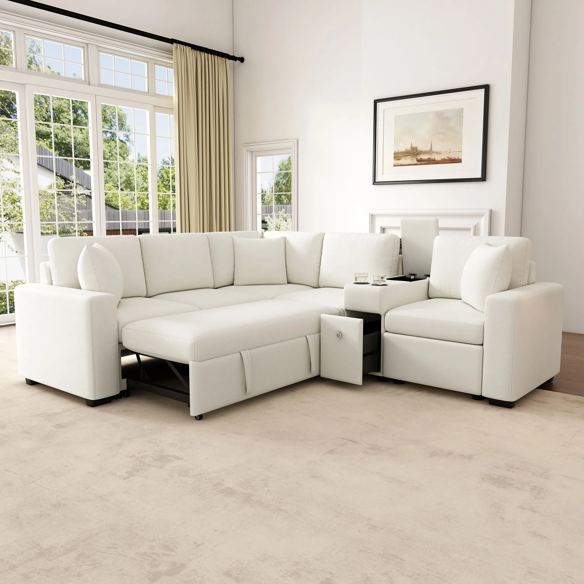 Modular L-Shaped Sectional Sofa Bed With Pull-Out Sleeper, Cup Holders, And Storage - Image 7
