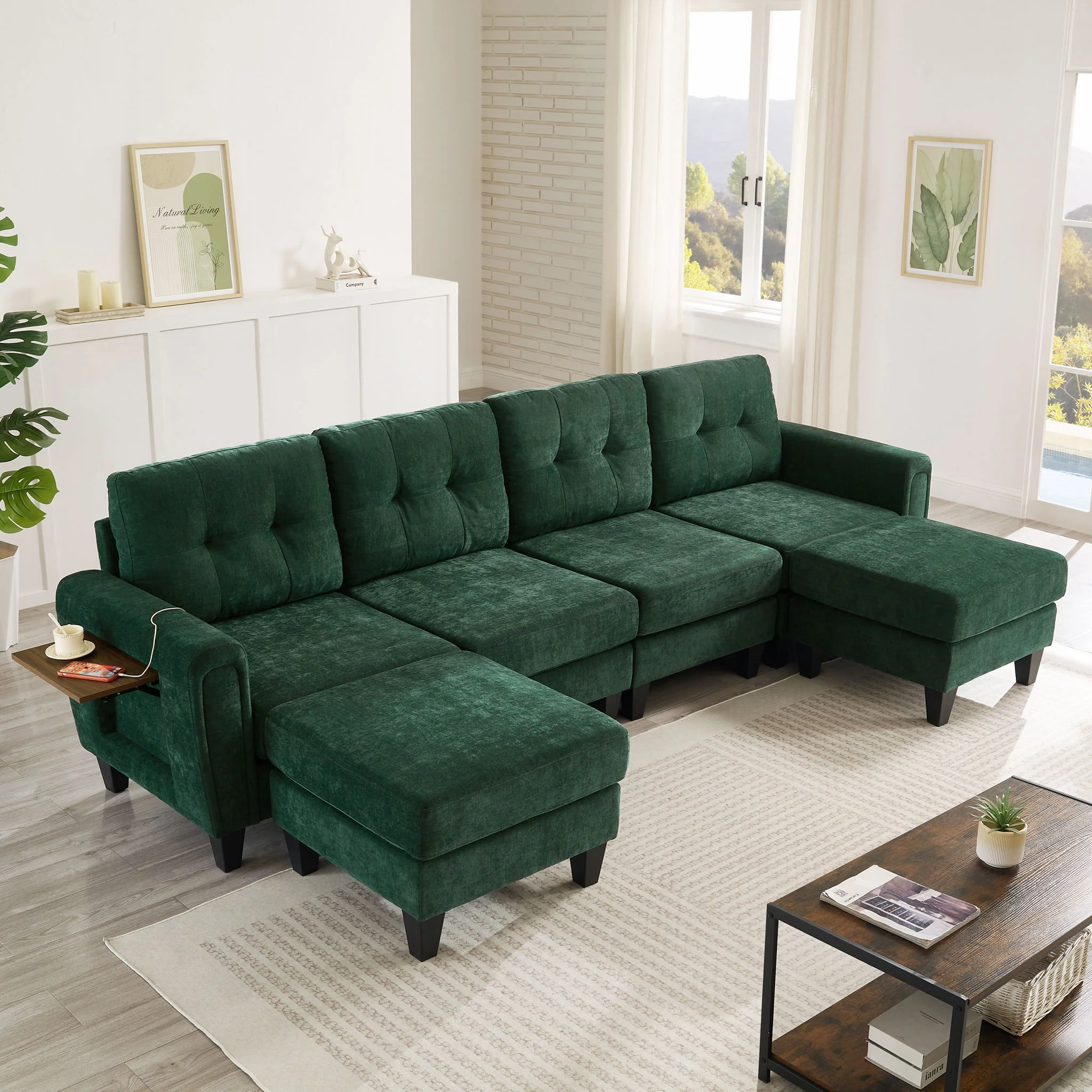 Modular Sectional Sofa With Movable Ottomans, USB Ports & Side Tables - Image 8