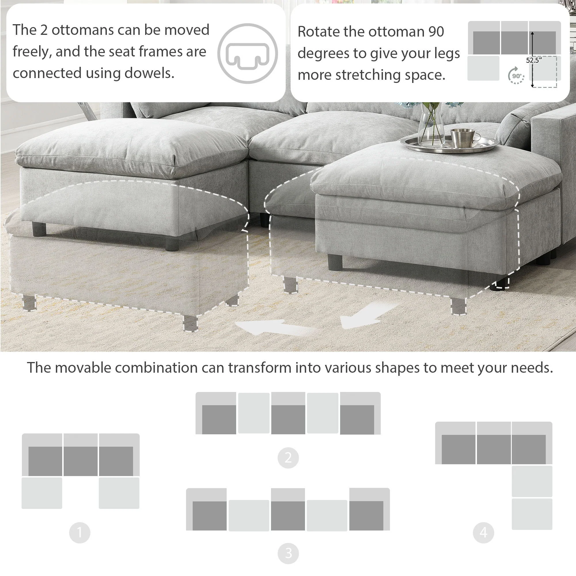 Modular Sectional With Storage Pockets, 5 Seat U Shaped Couch Set With Pillows, Free Combination Modern Cloud Sofa With 2 Movable Ottoman - Image 4