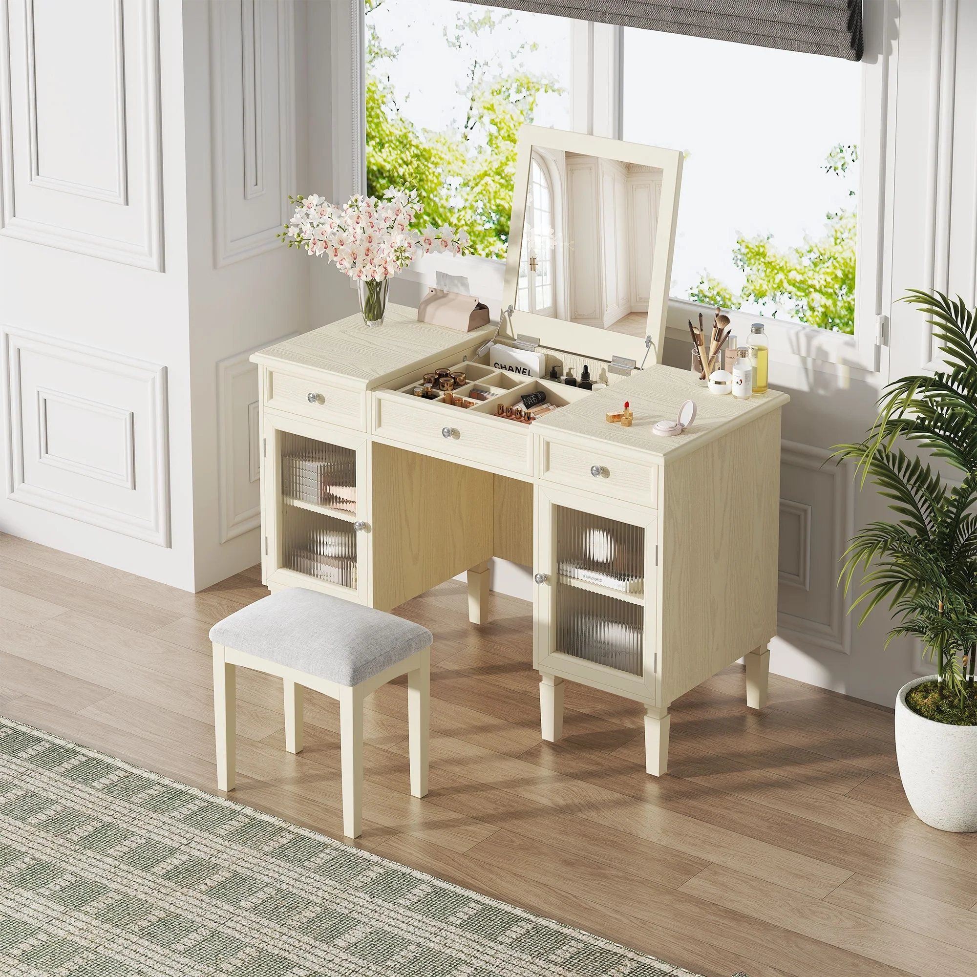Multi Functional 2 In 1 Vanity Desk With Flip Top Mirror Material - White Oak - Image 4