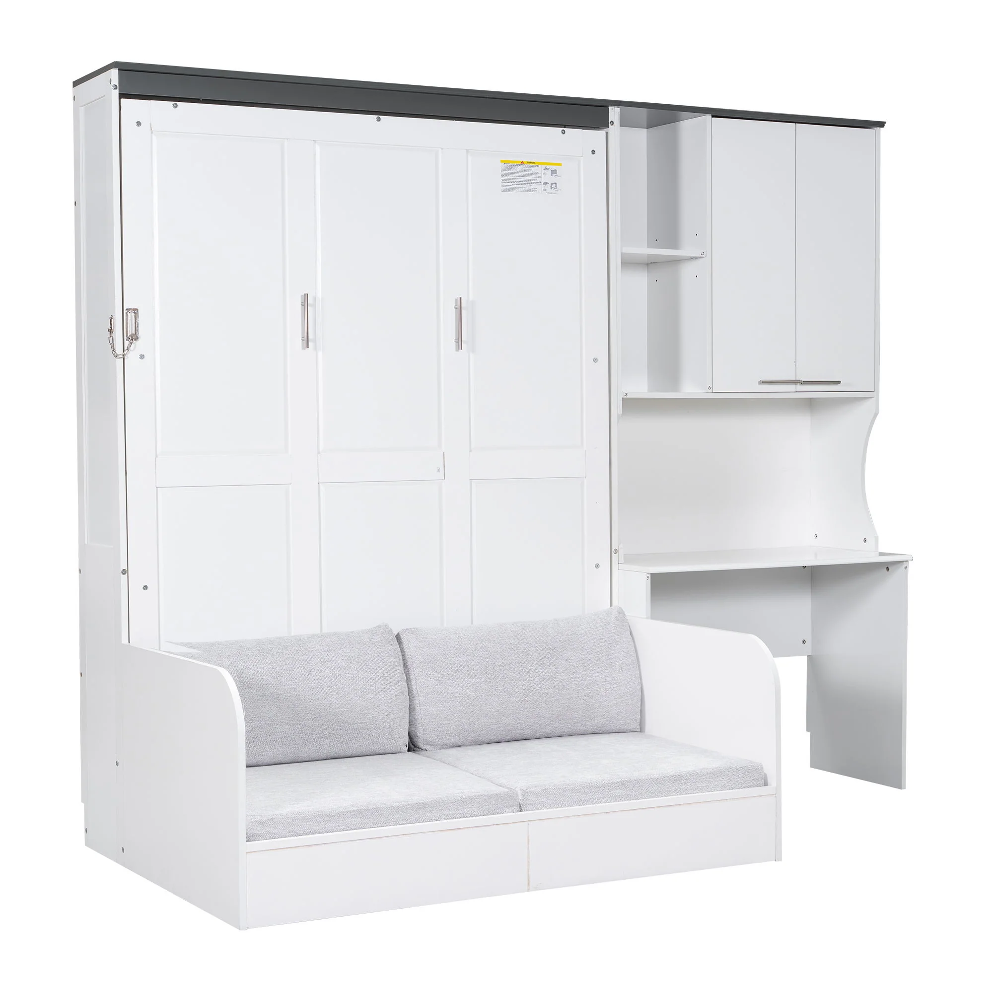 Multi Functional Murphy Bed With Sofa, Desk, And Storage Cabinet In, Full Size - White
