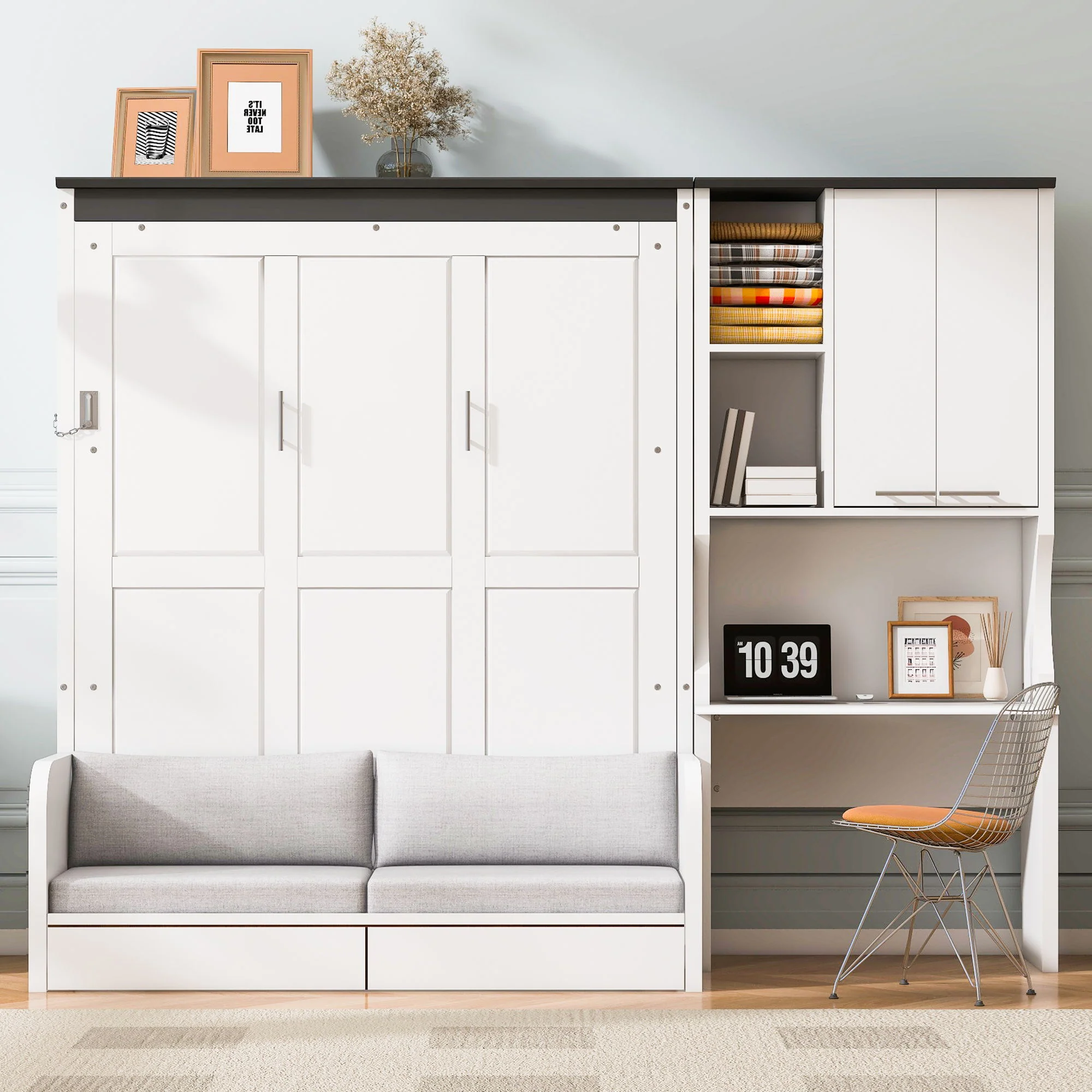 Multi Functional Murphy Bed With Sofa, Desk, And Storage Cabinet In, Full Size - White - Image 2