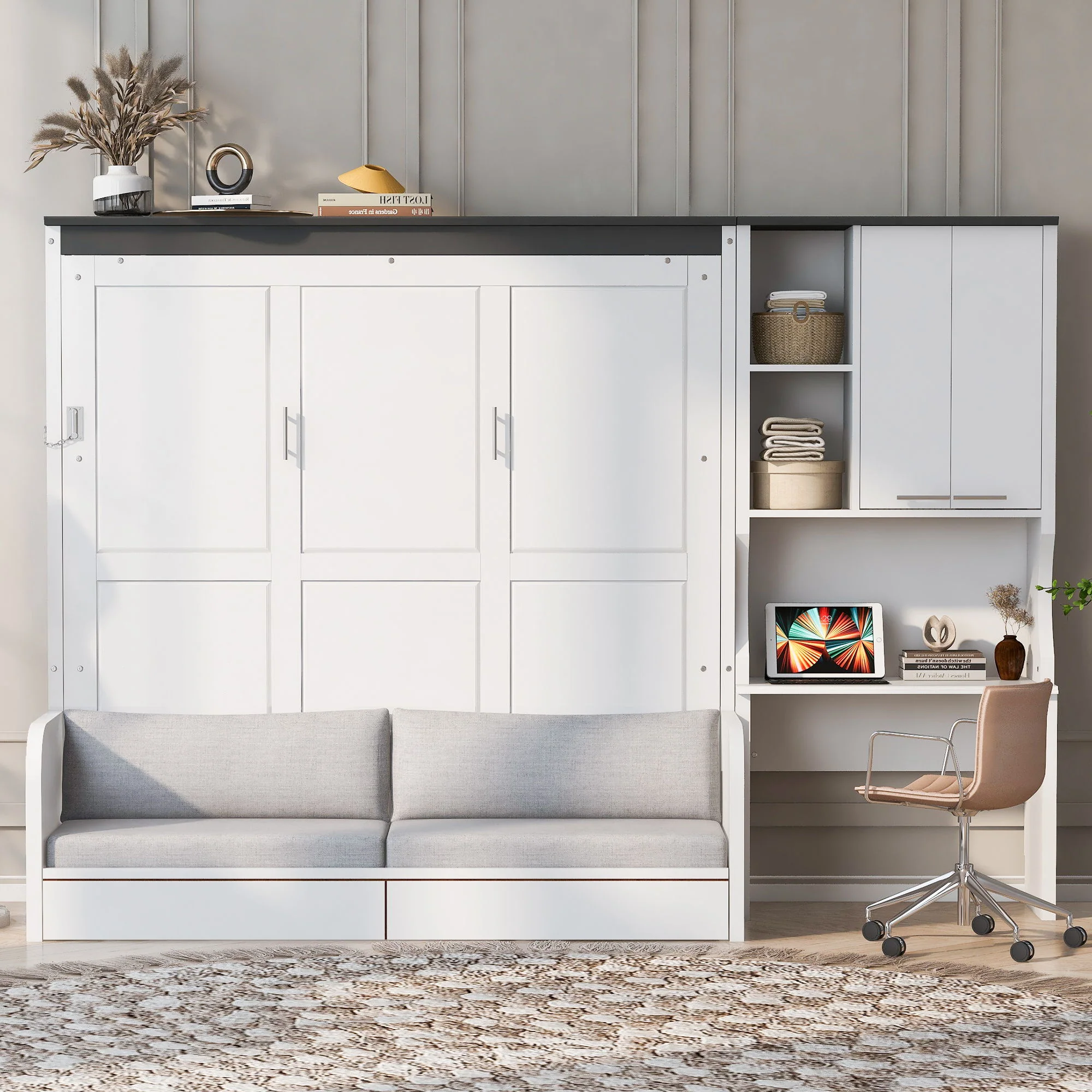 Multi Functional Murphy Bed With Sofa, Desk, And Storage Cabinet, Queen Size - White - Image 2