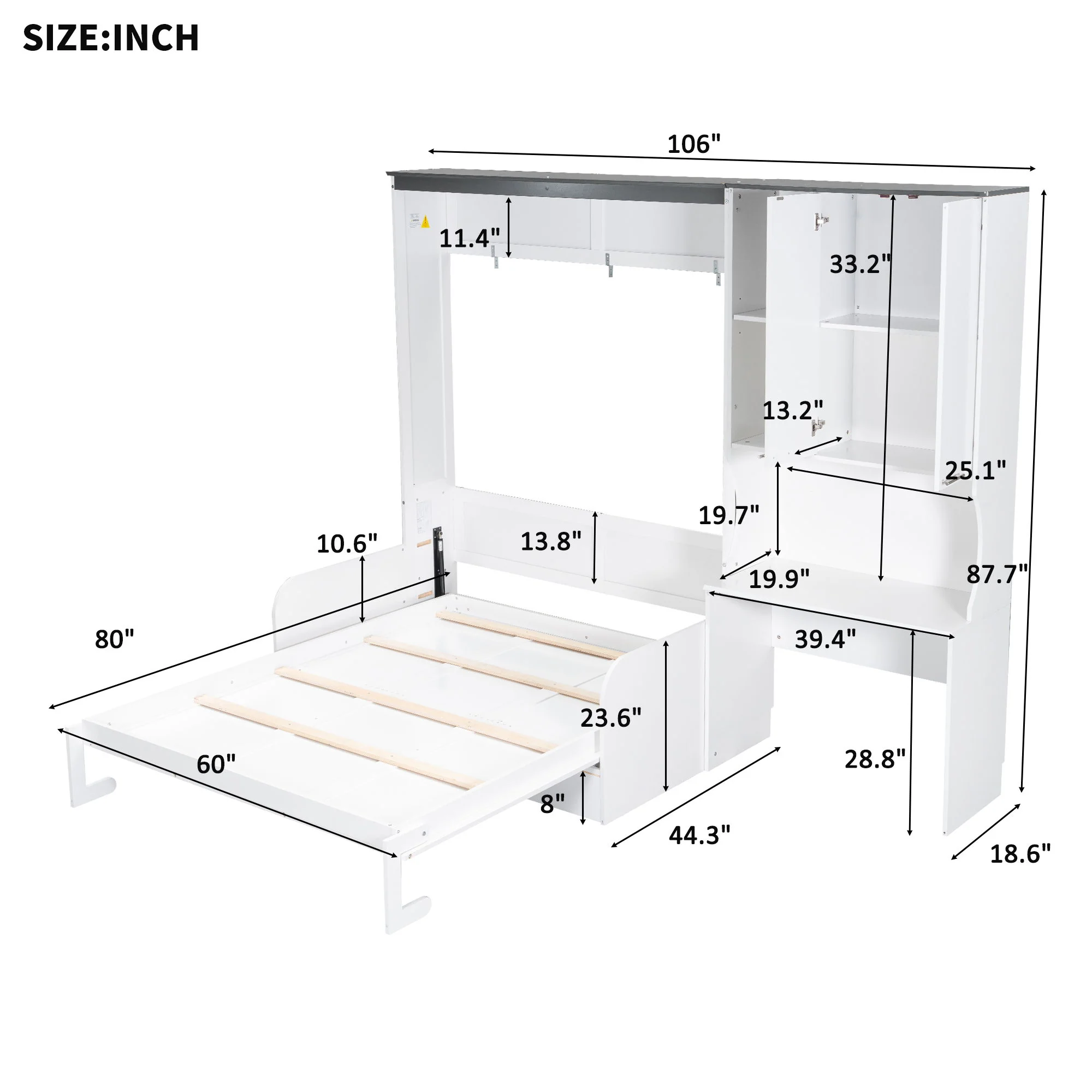 Multi Functional Murphy Bed With Sofa, Desk, And Storage Cabinet, Queen Size - White - Image 3