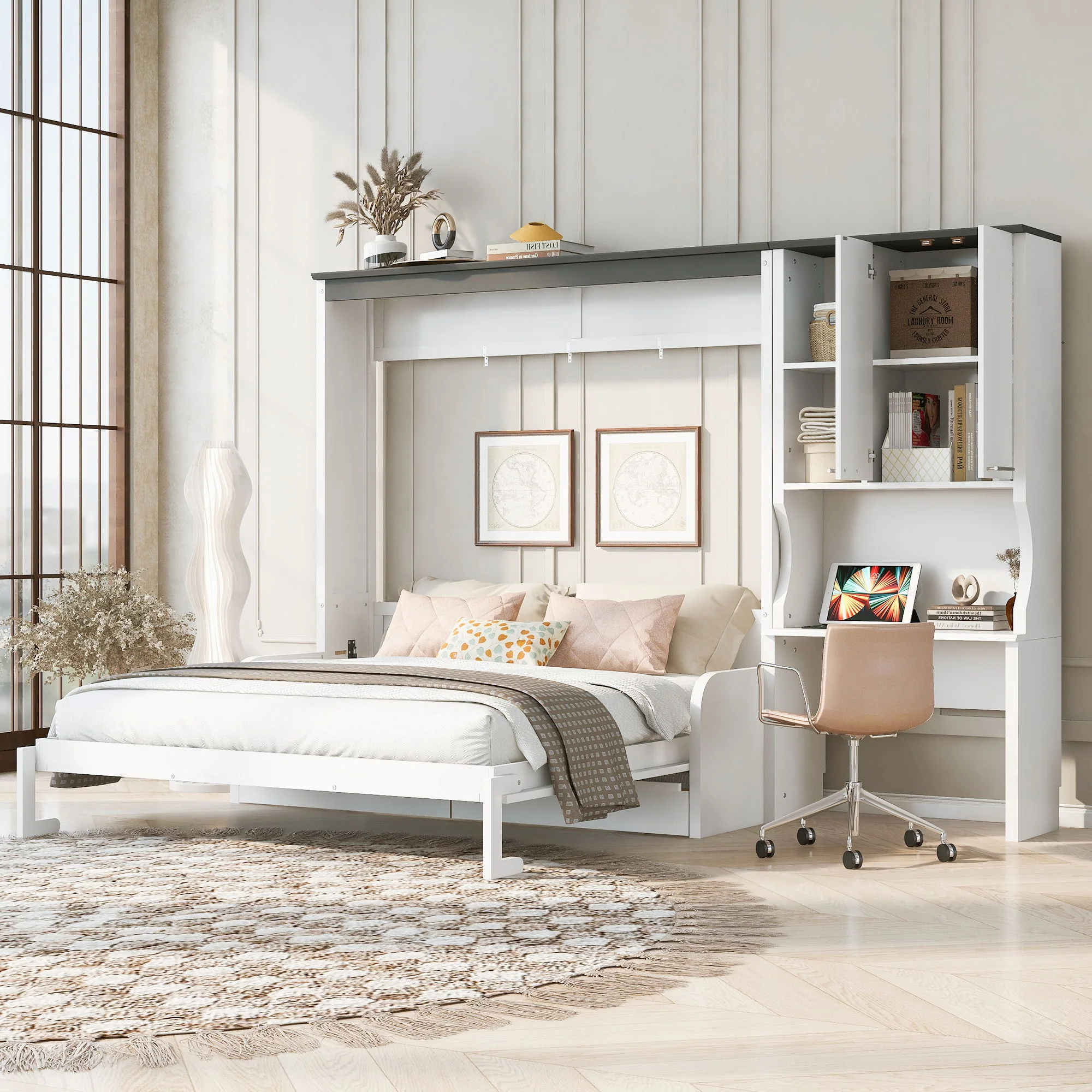 Multi Functional Murphy Bed With Sofa, Desk, And Storage Cabinet, Queen Size - White - Image 4