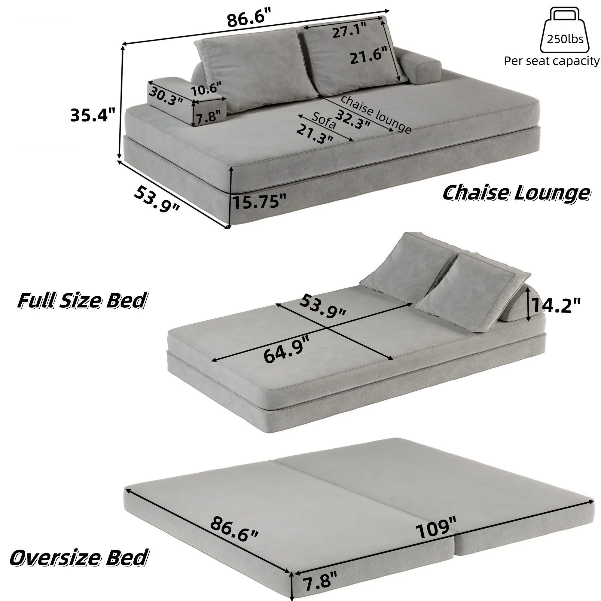 Multifunctional Convertible Sofa Bed With 2 Tumbler Backrests And 2 Pillows, Deep Seat Couch - Image 16