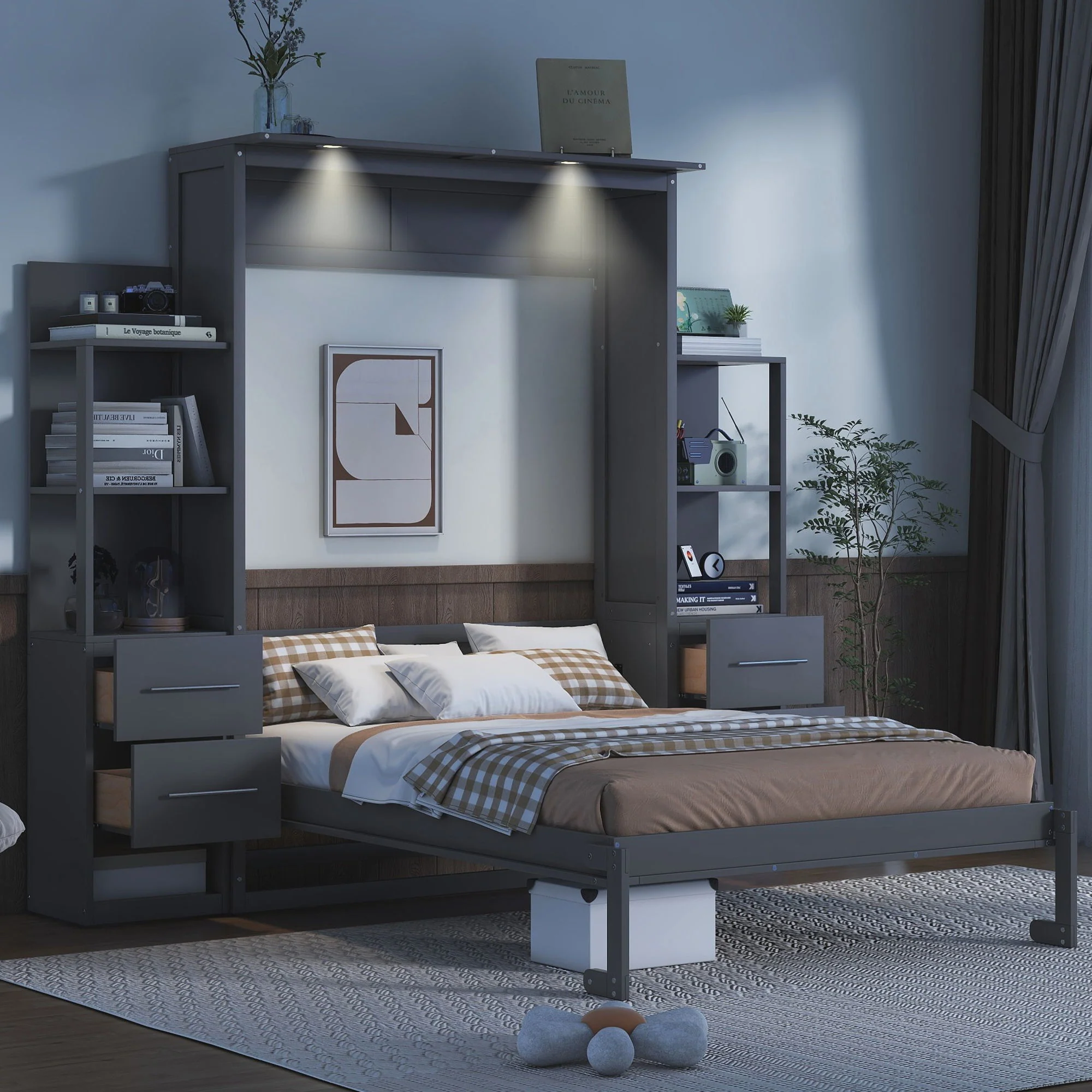 Murphy Wall Bed With LED Lights, Shelves And Drawers - Image 3