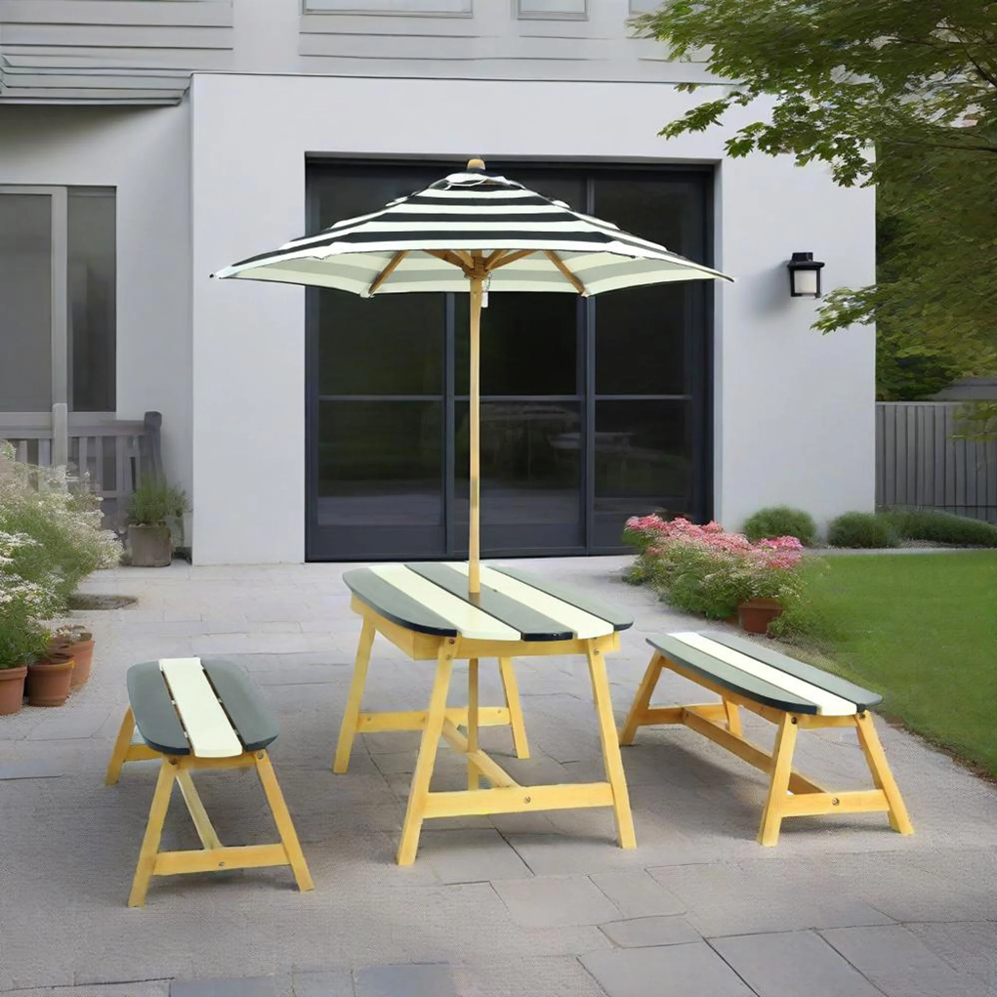 Naturally Playful Kids Picnic Table With Umbrella, Indoor / Outdoor Fun - Blue / White Stripes - Image 3