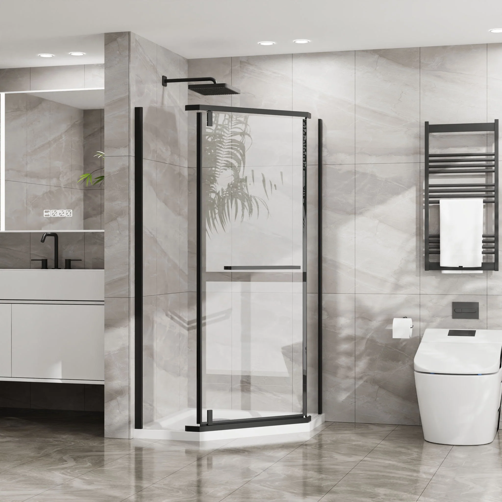 Neo Angle - Frameless Shower Door With White Acrylic Shower Base Combo - Matte Black - Image 4