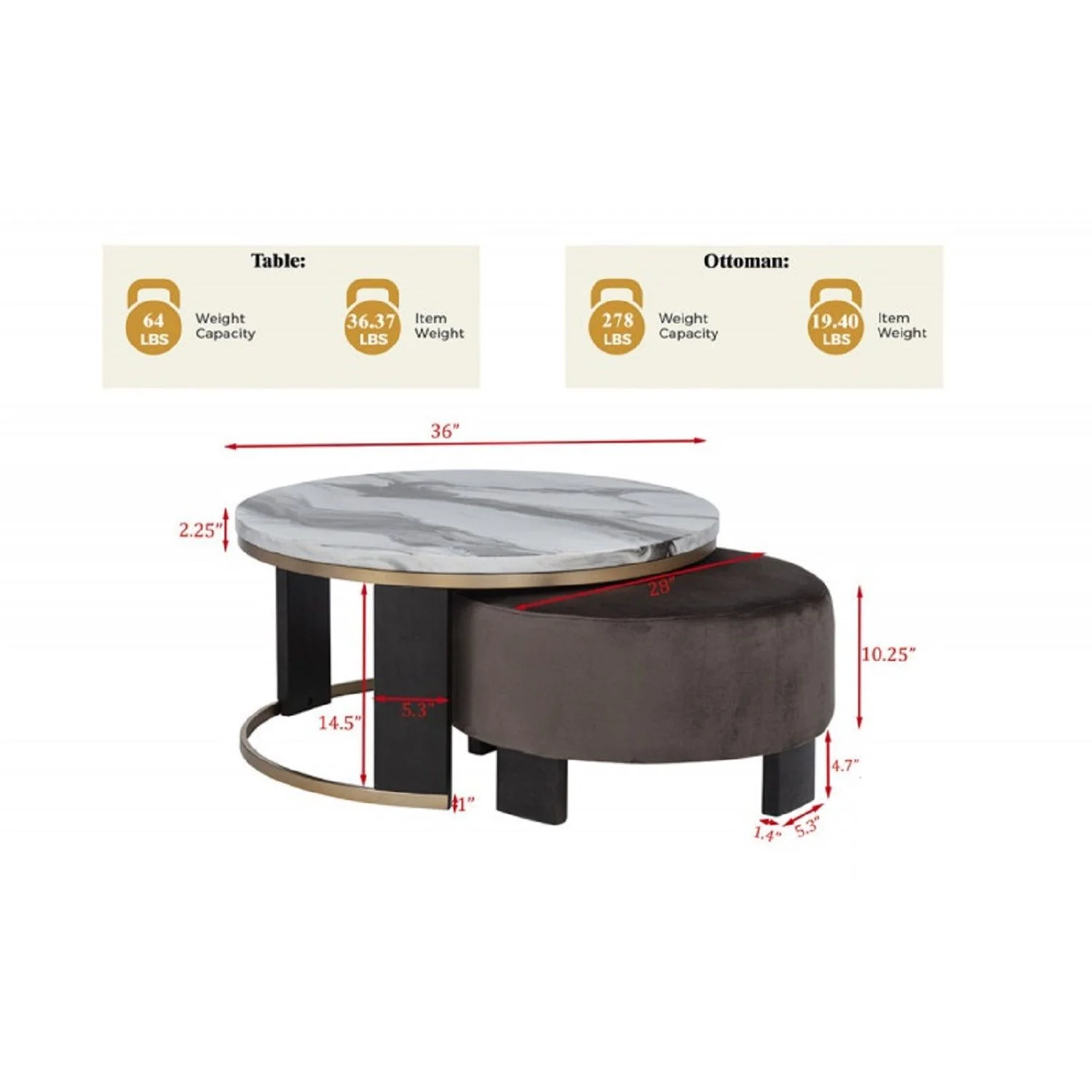 Nesting Round Coffee Table With Ottoman (Set of 2) - Gold / Brown - Image 2