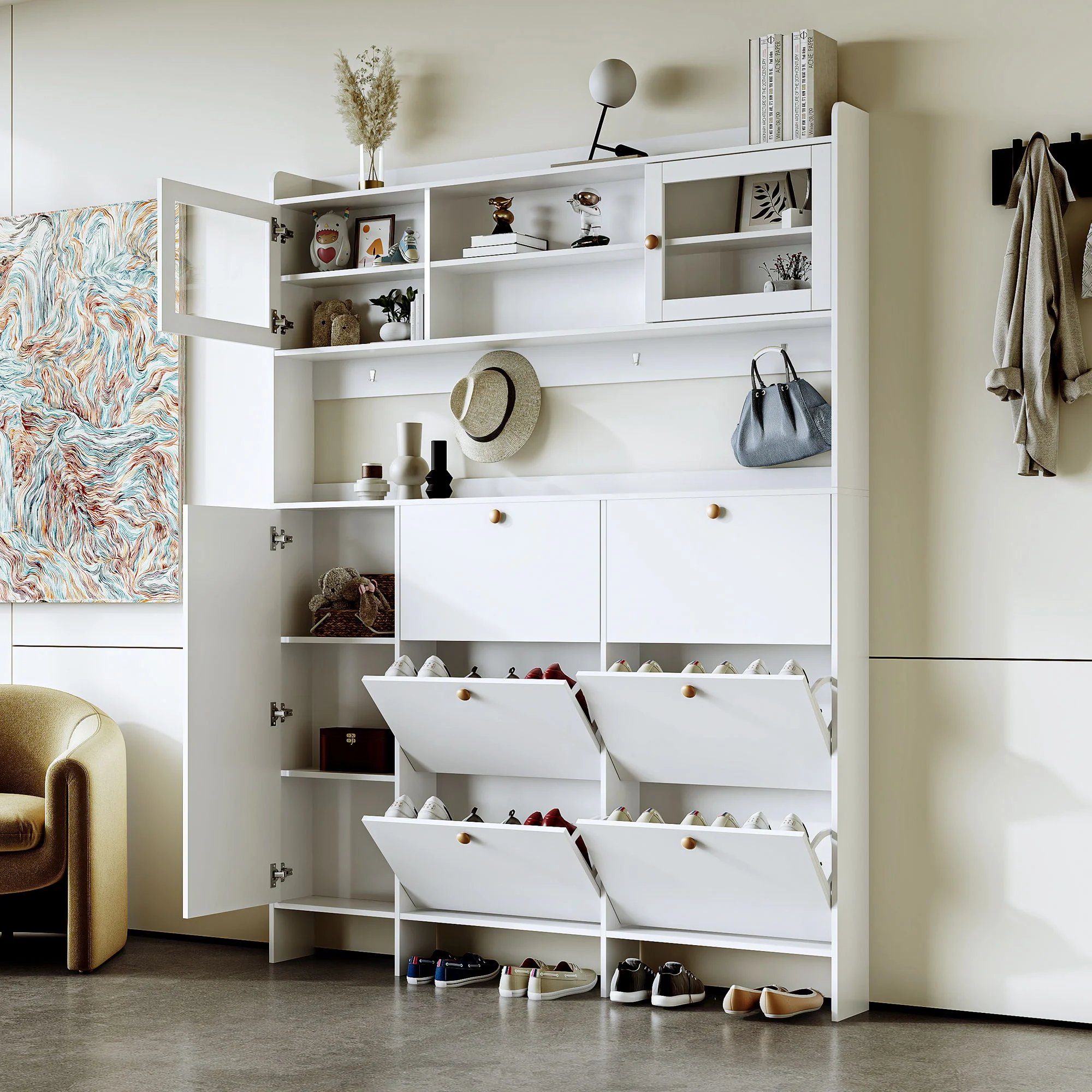On Trend Multifunctional Tipping Bucket Shoe Cabinet With Storage Shelf & 6 Flip Drawers - Image 8