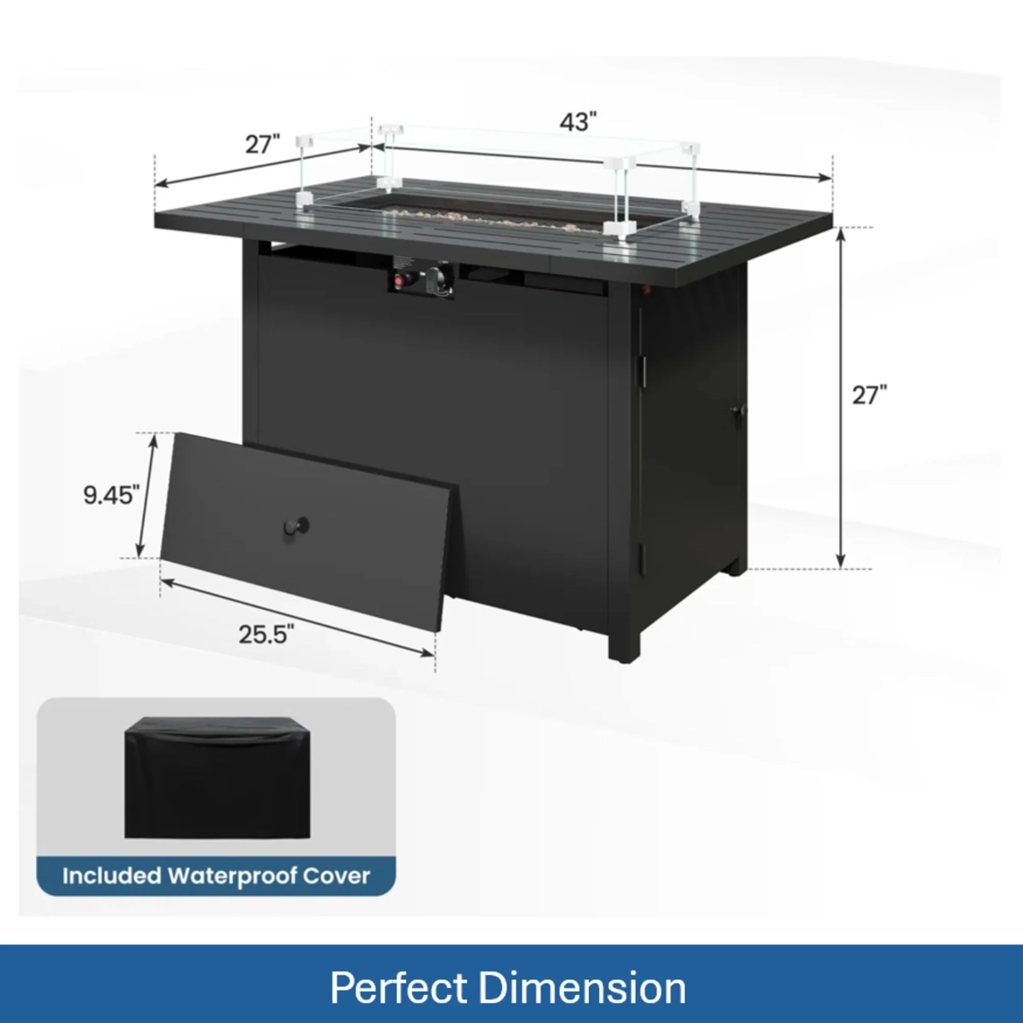 Outdoor 2 In 1 Gas Fire Pit Table With Lid & Glass Shield, Stainless Burner, Lava Rock, Rectangular Design - Black - Image 2