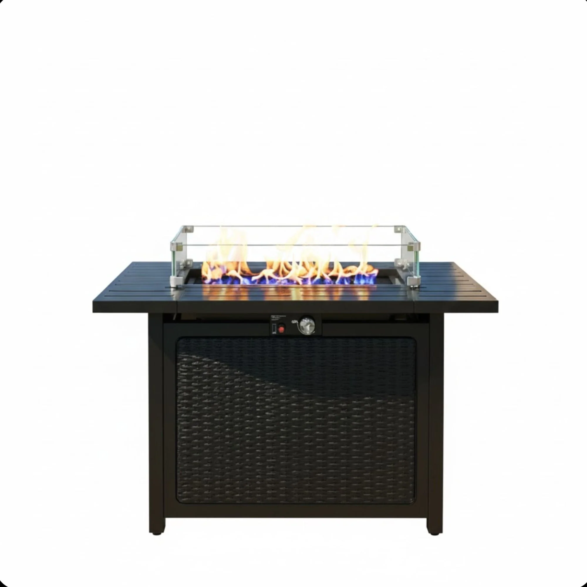 Outdoor 2 In 1 Propane Fire Pit Table With Lid & Glass Shield, Rectangular Fire Table, Lava Rock & Cover - Black - Image 4