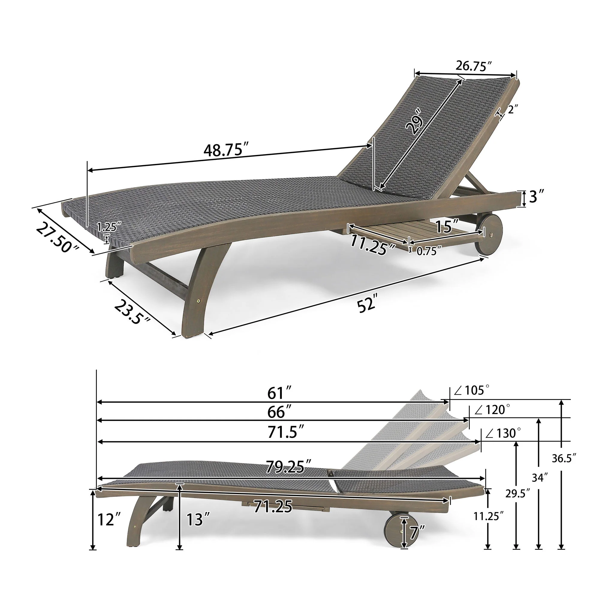 Outdoor Chaise Lounge With Pull Out Tray And Wicker Seat - Gray - Image 4