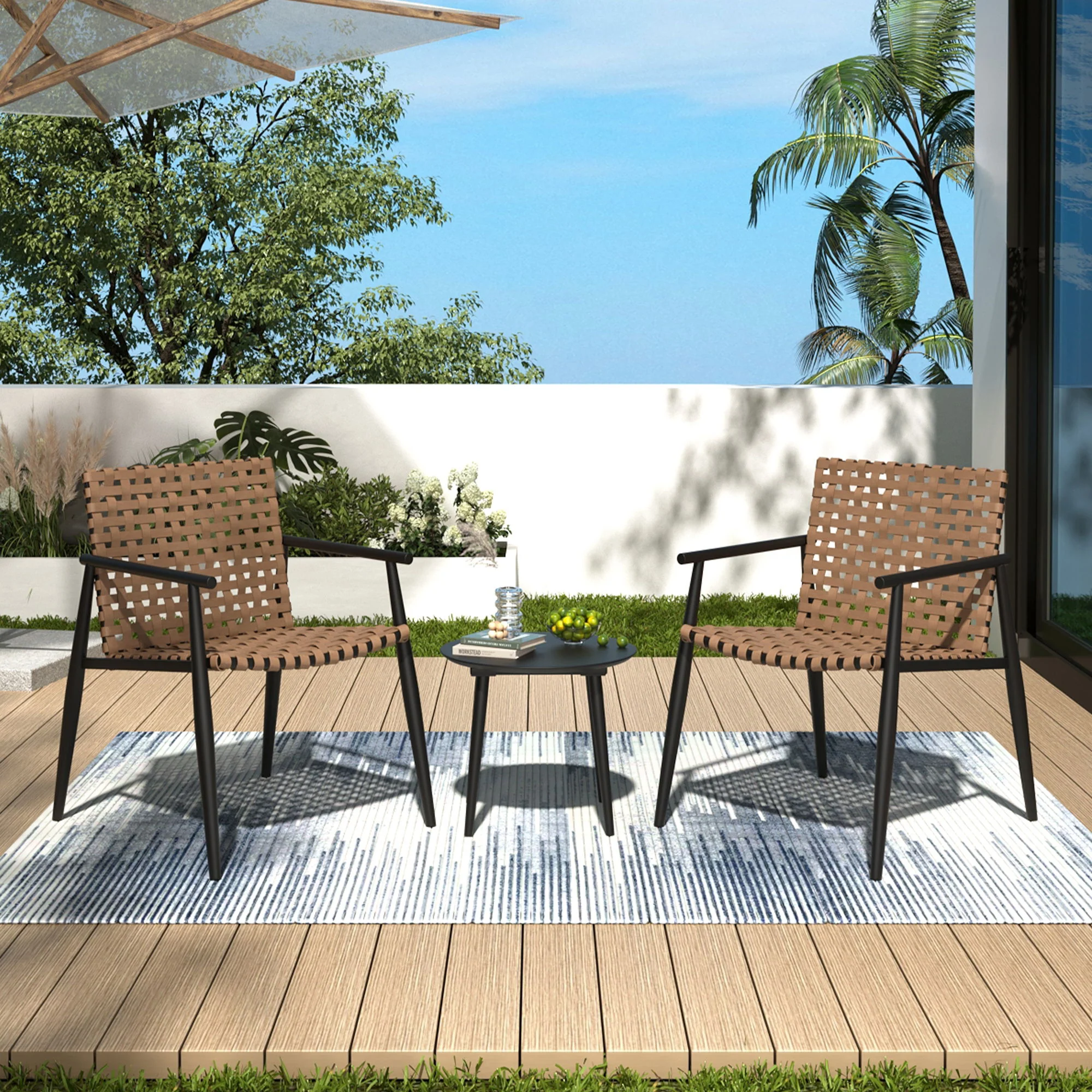 Outdoor Chat Set, 2 Chairs & Side Table - Black / Brown - Image 4