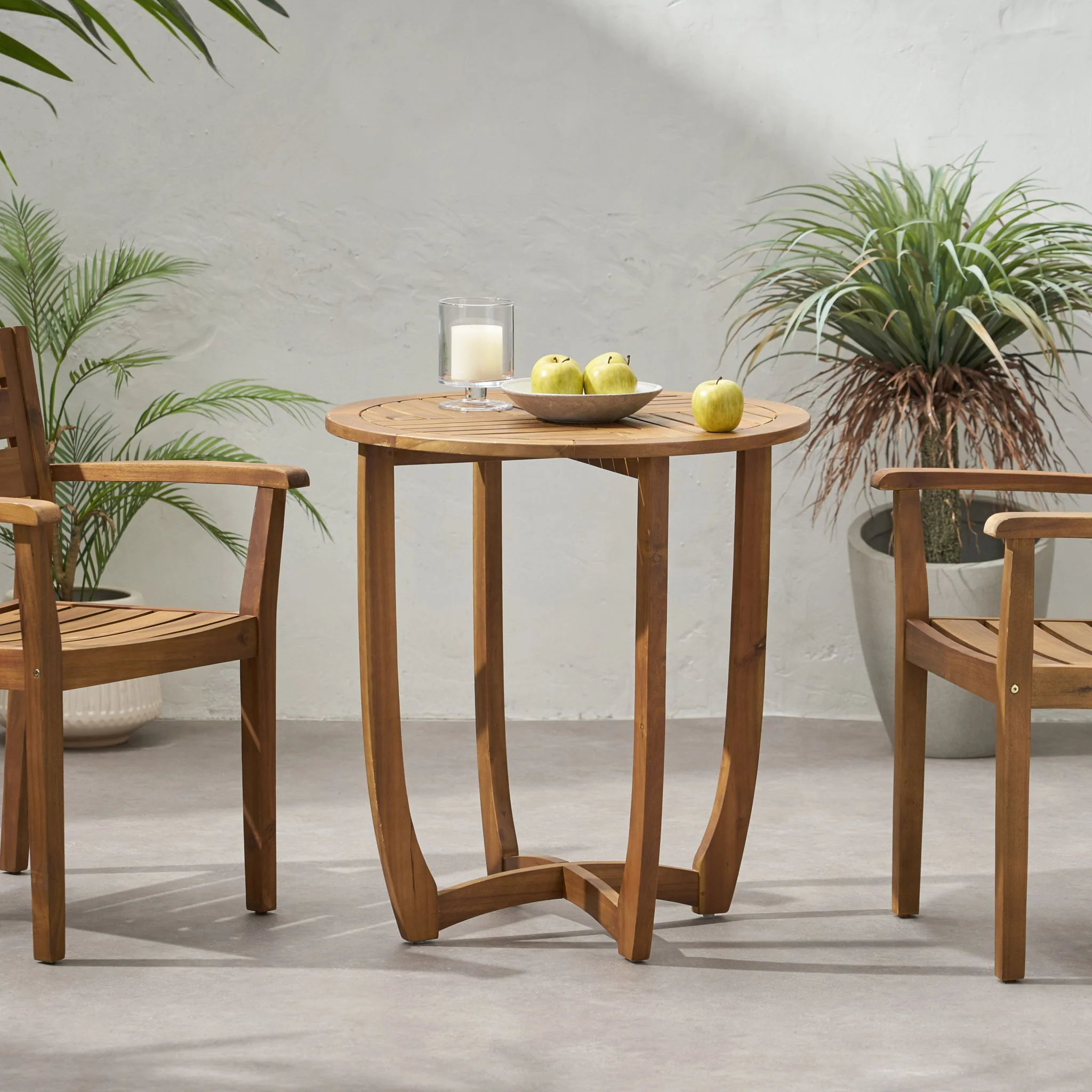 Outdoor Circular Wood Bistro Table With Curved Legs And Slat Panel Table Top - Teak - Image 2