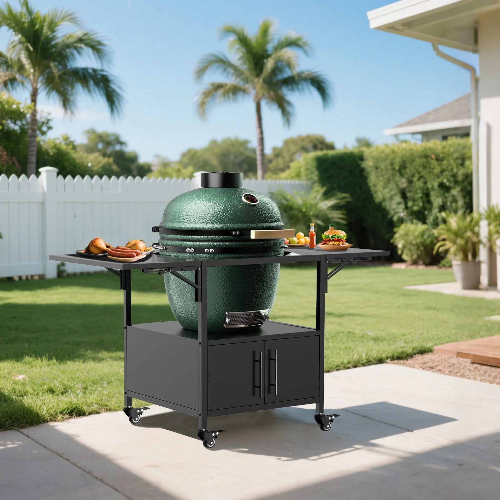Outdoor Grill Table For Big Egg Style Bbq Metal Grill Cart With 2 Folding Panels Metal - Black - Image 3