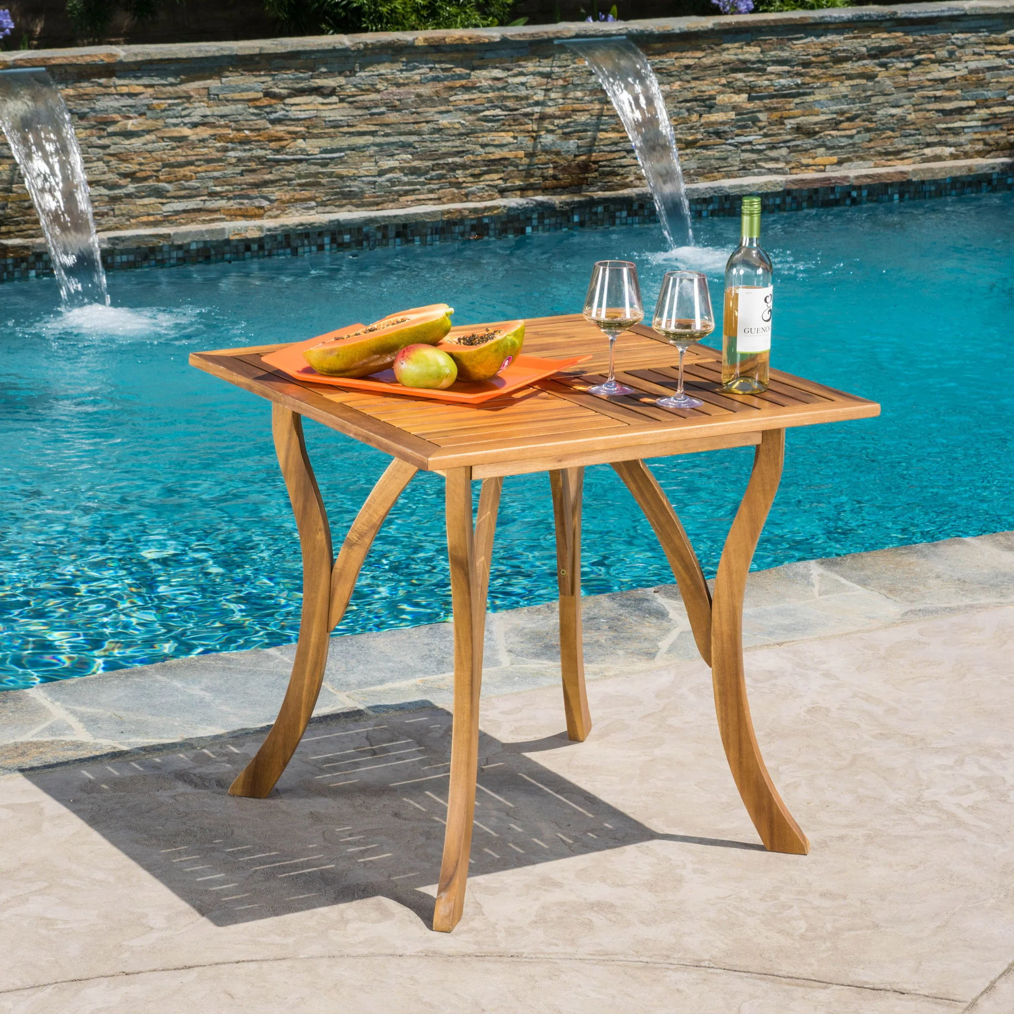 Outdoor Rectangular Table With Curved Legs And Perpendicular Wooden Slats Table Top - Image 3
