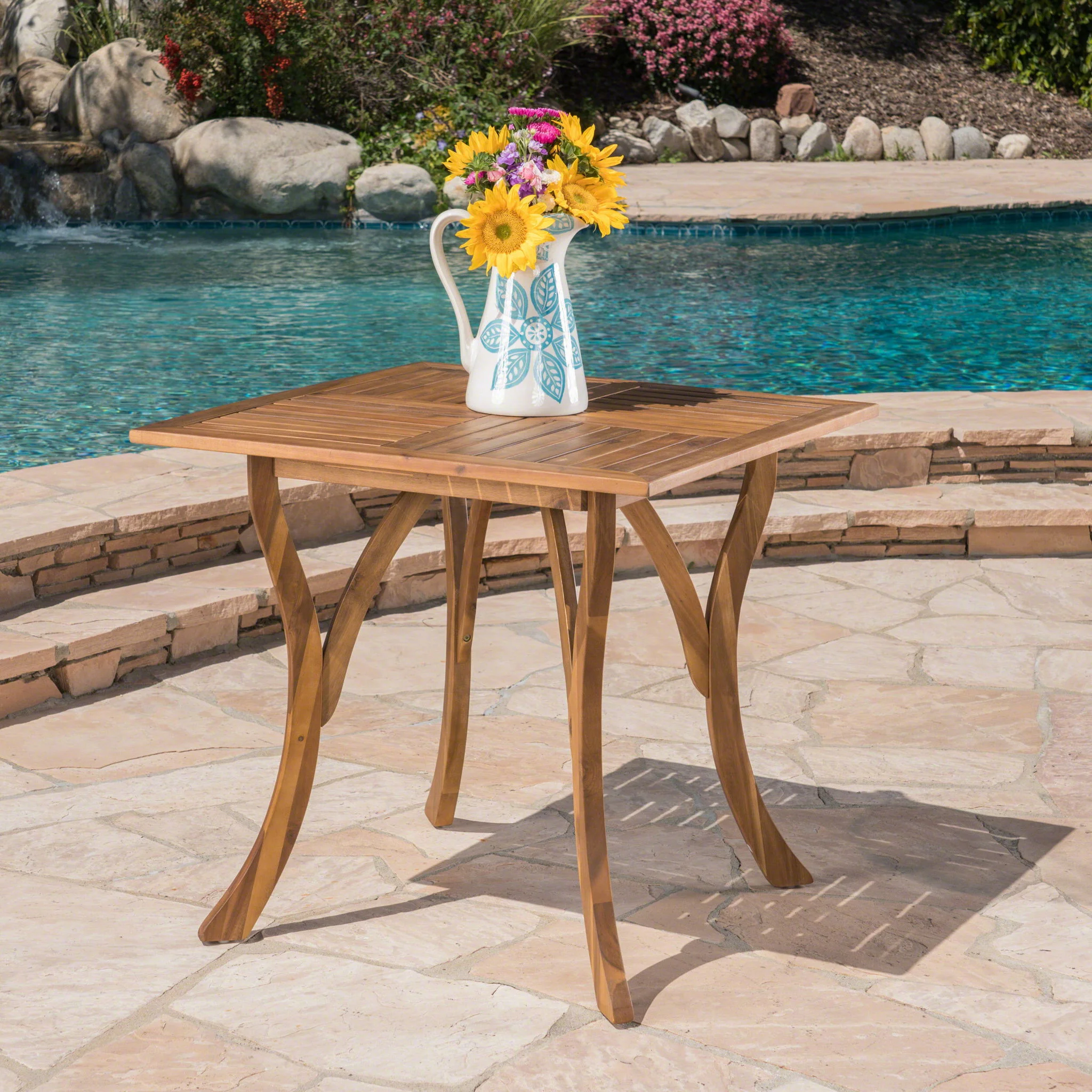 Outdoor Rectangular Table With Curved Legs And Perpendicular Wooden Slats Table Top - Image 4