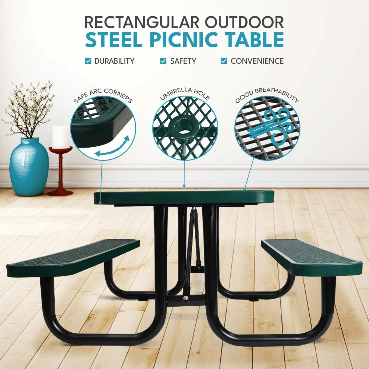 Outdoor Steel Picnic Rectangular Table With Umbrella Pole - Image 12