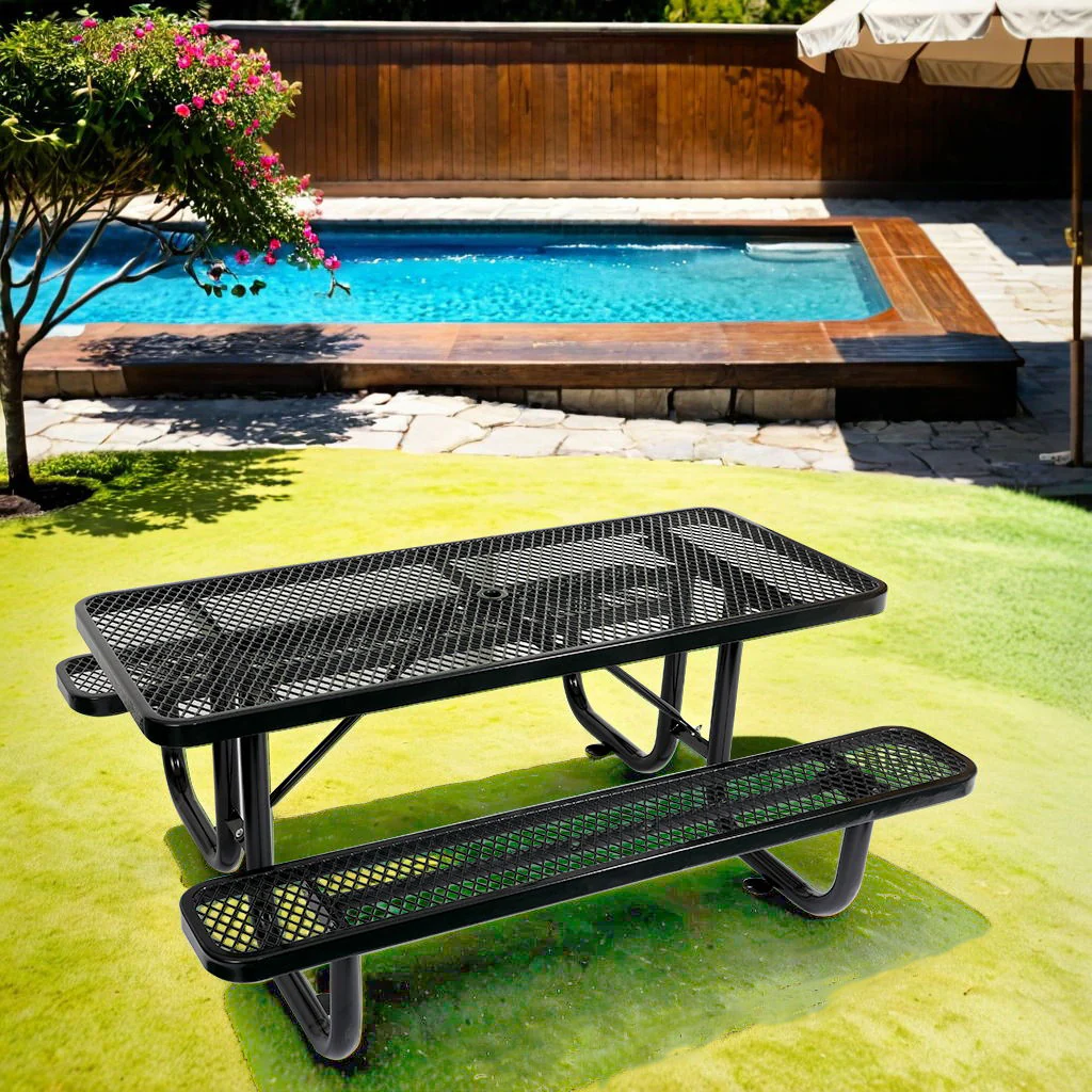 Outdoor Steel Picnic Rectangular Table With Umbrella Pole - Image 3