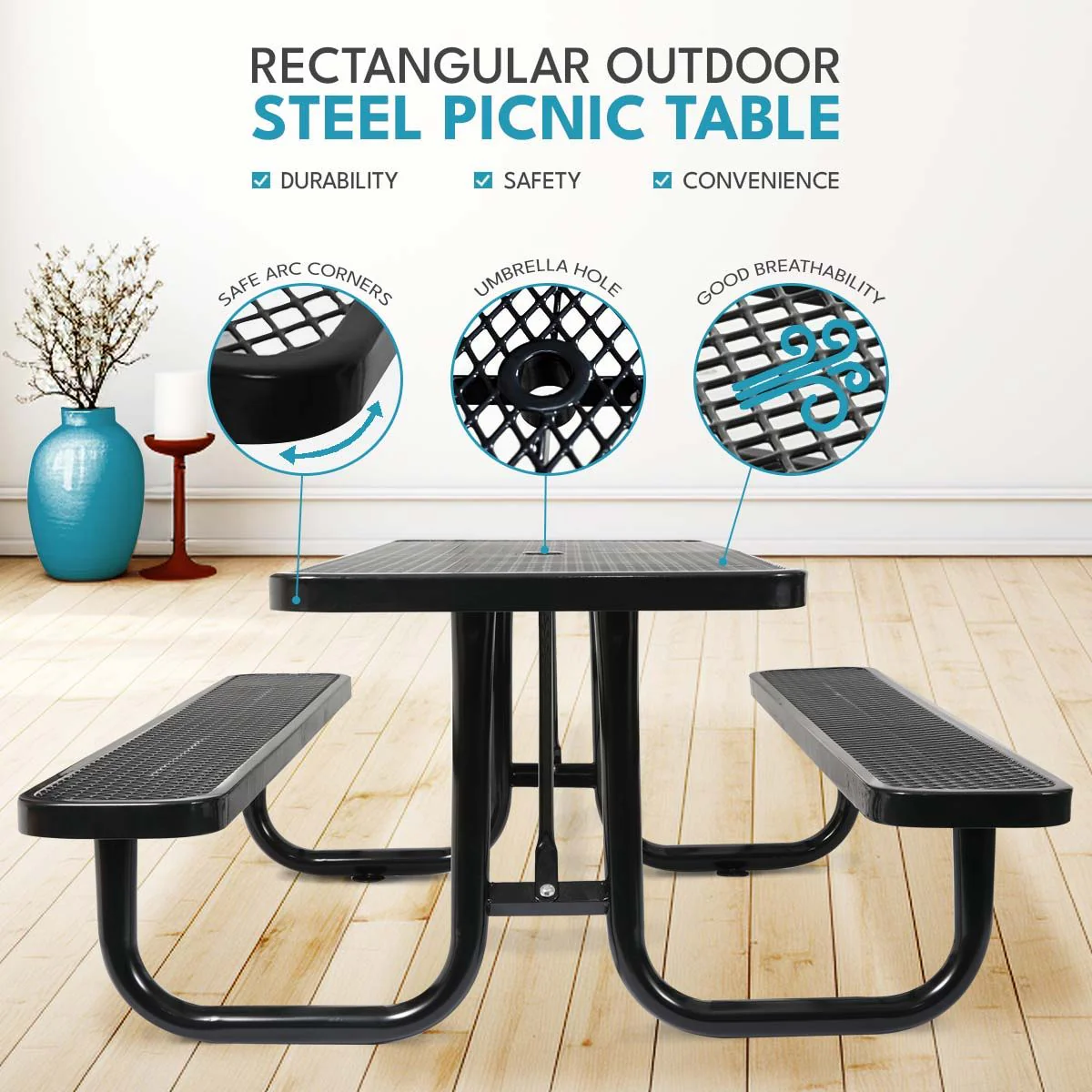 Outdoor Steel Picnic Rectangular Table With Umbrella Pole - Image 6