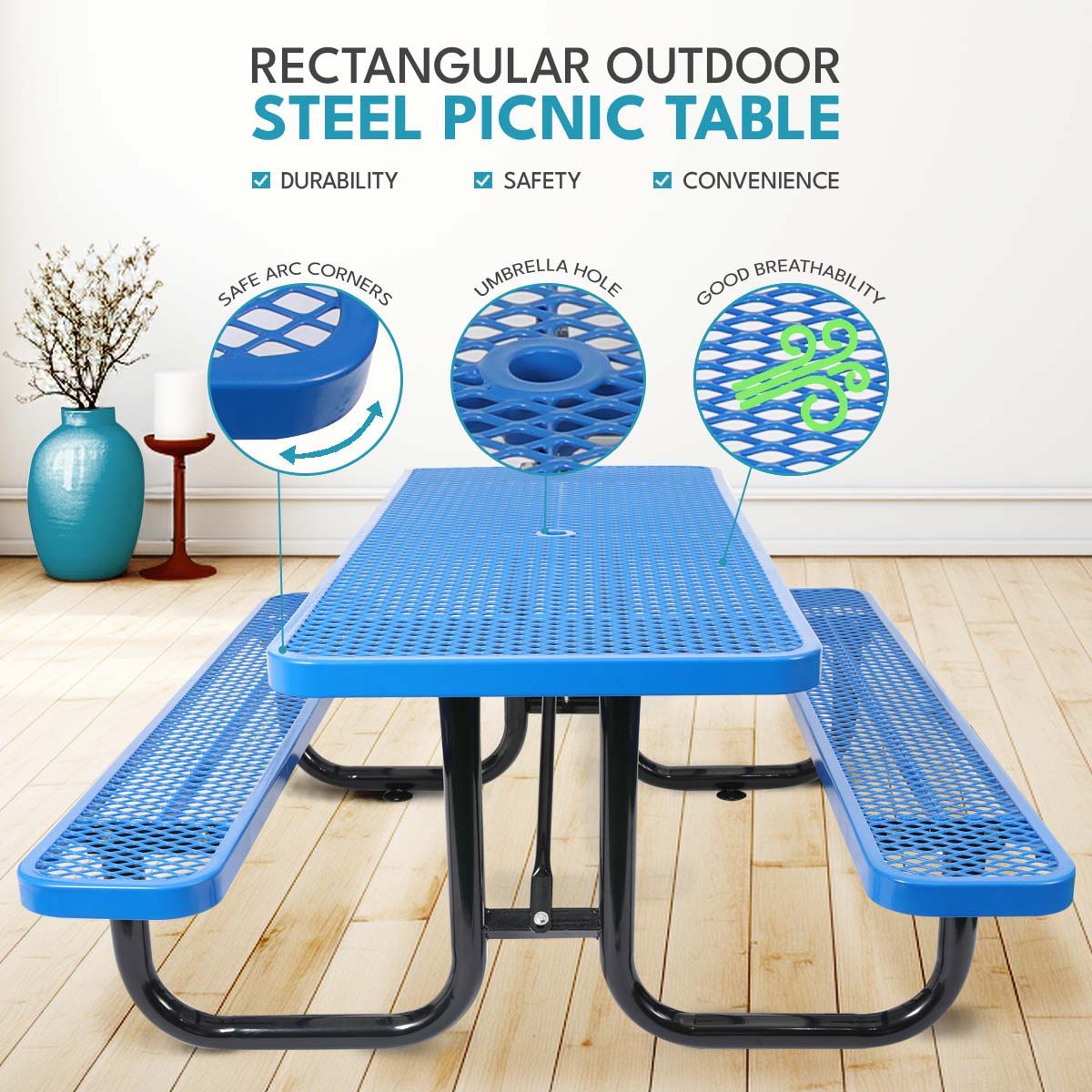 Outdoor Steel Picnic Rectangular Table With Umbrella Pole - Image 7