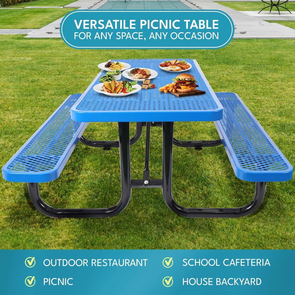 Outdoor Steel Picnic Rectangular Table With Umbrella Pole - Image 8
