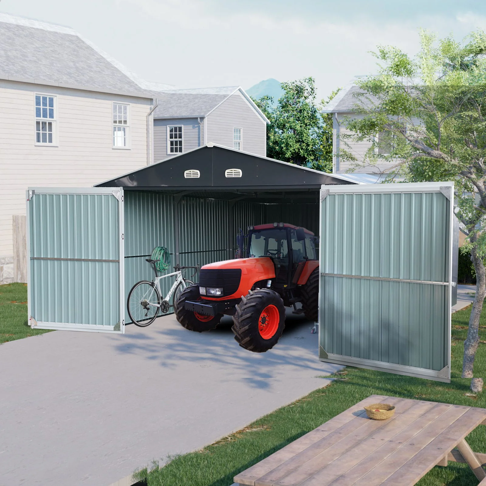 Outdoor Storage Shed Metal Garage Shed For Car, Bike, Lawnmower Backyard Tool House Building 2 Doors And 4 Vents - Black - Image 3