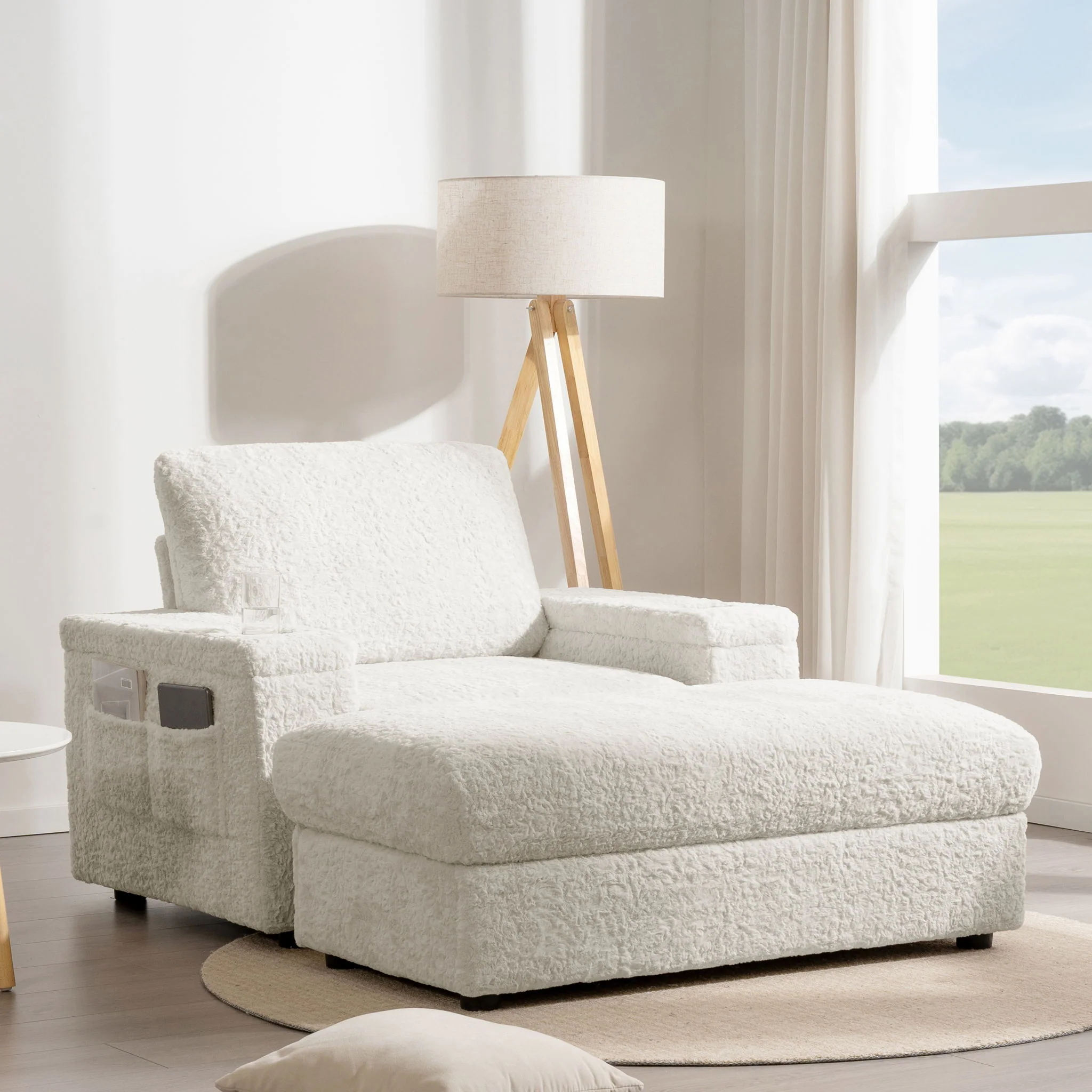 Oversized Chaise Lounge Indoor Rabbit Fur Sofa Bed With Storage Ottoman And Armrests Cup Holders With Deep Seat - Image 12