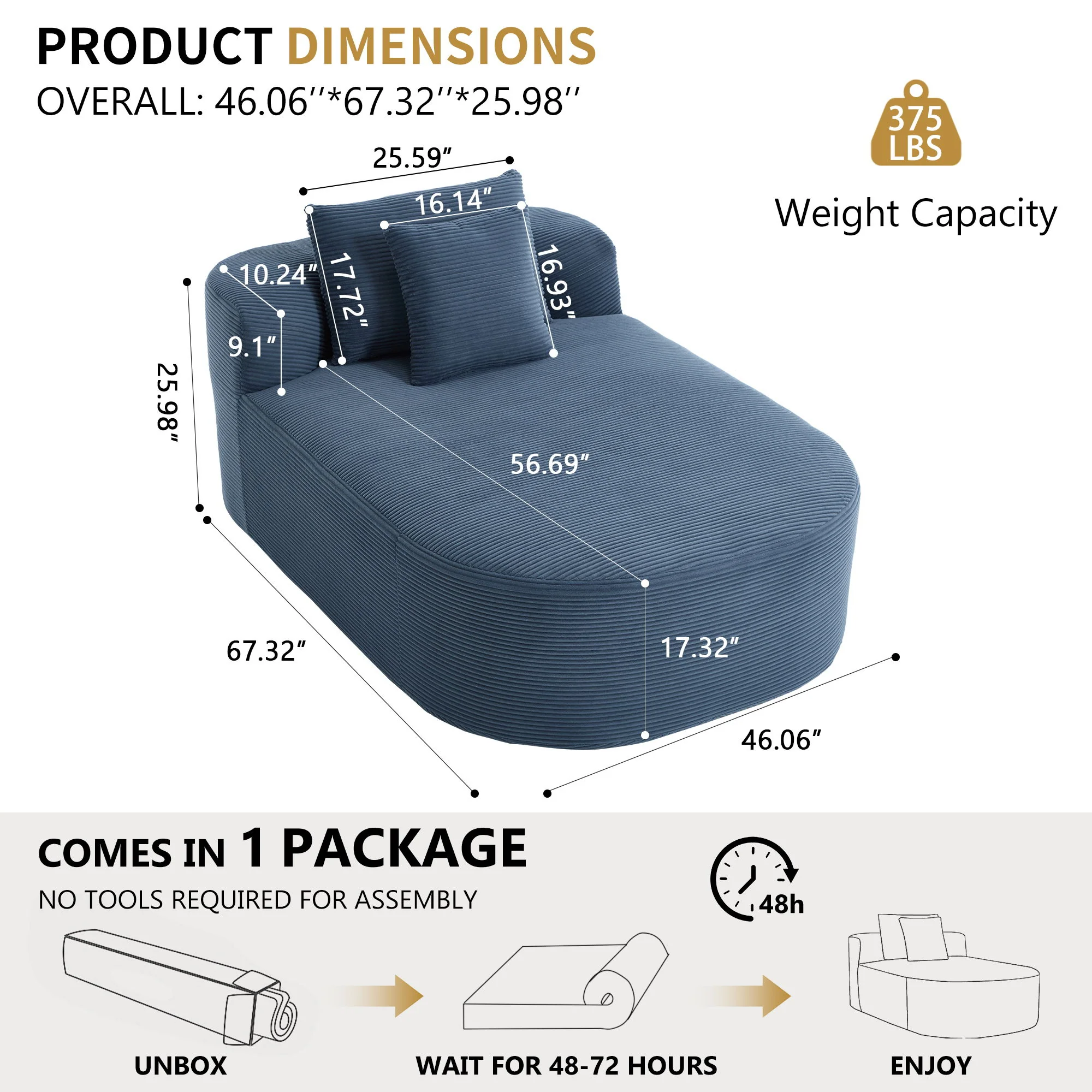 Oversized Corduroy Chaise Lounge Sofa Bed With Deep Seat And Soft Pillows, Wide Seat, No Assembly Required - Blue - Image 3