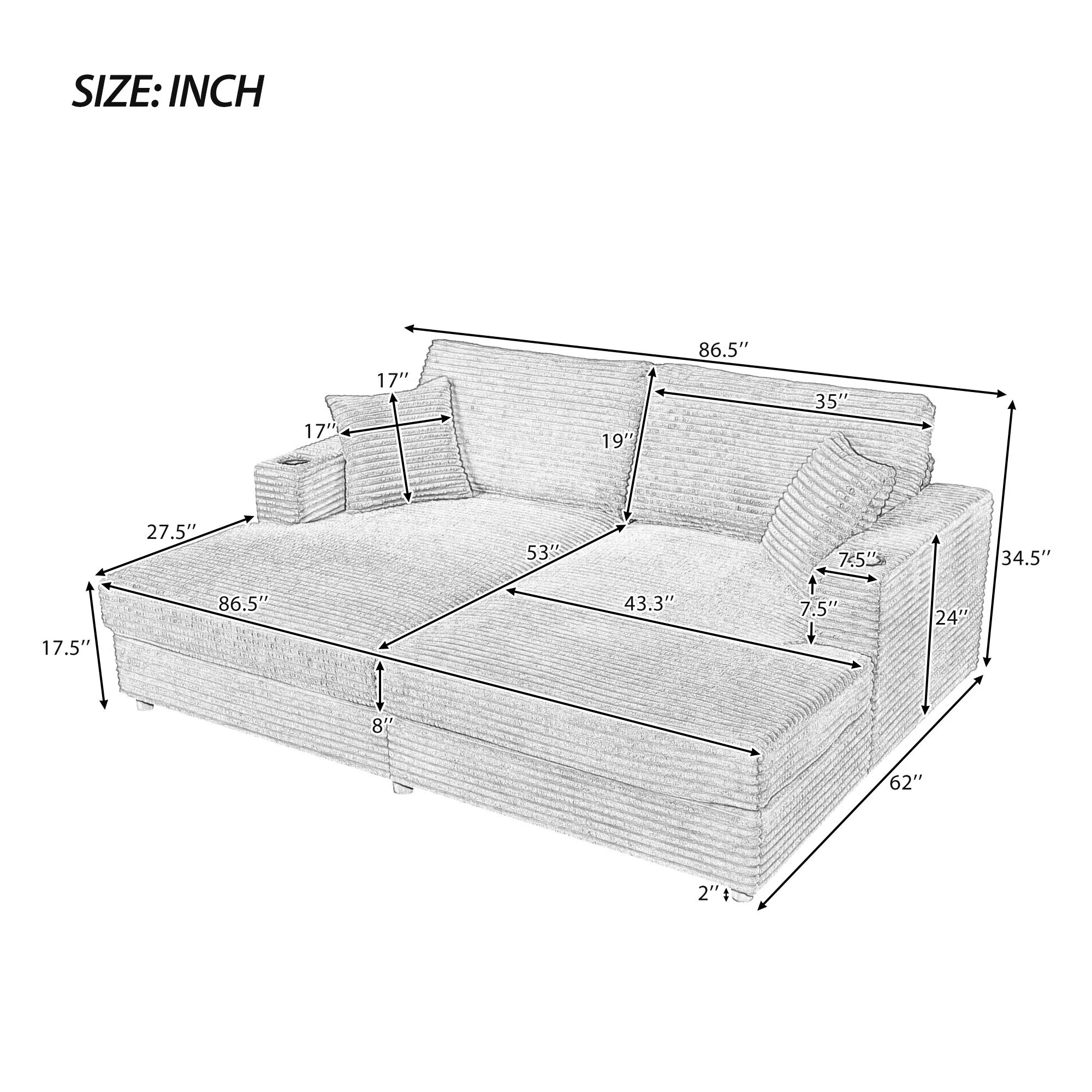 Oversized Loveseat Chaise With 2 USB Ports, 2 Cup Holders And 2 Throw Pillows - Image 5