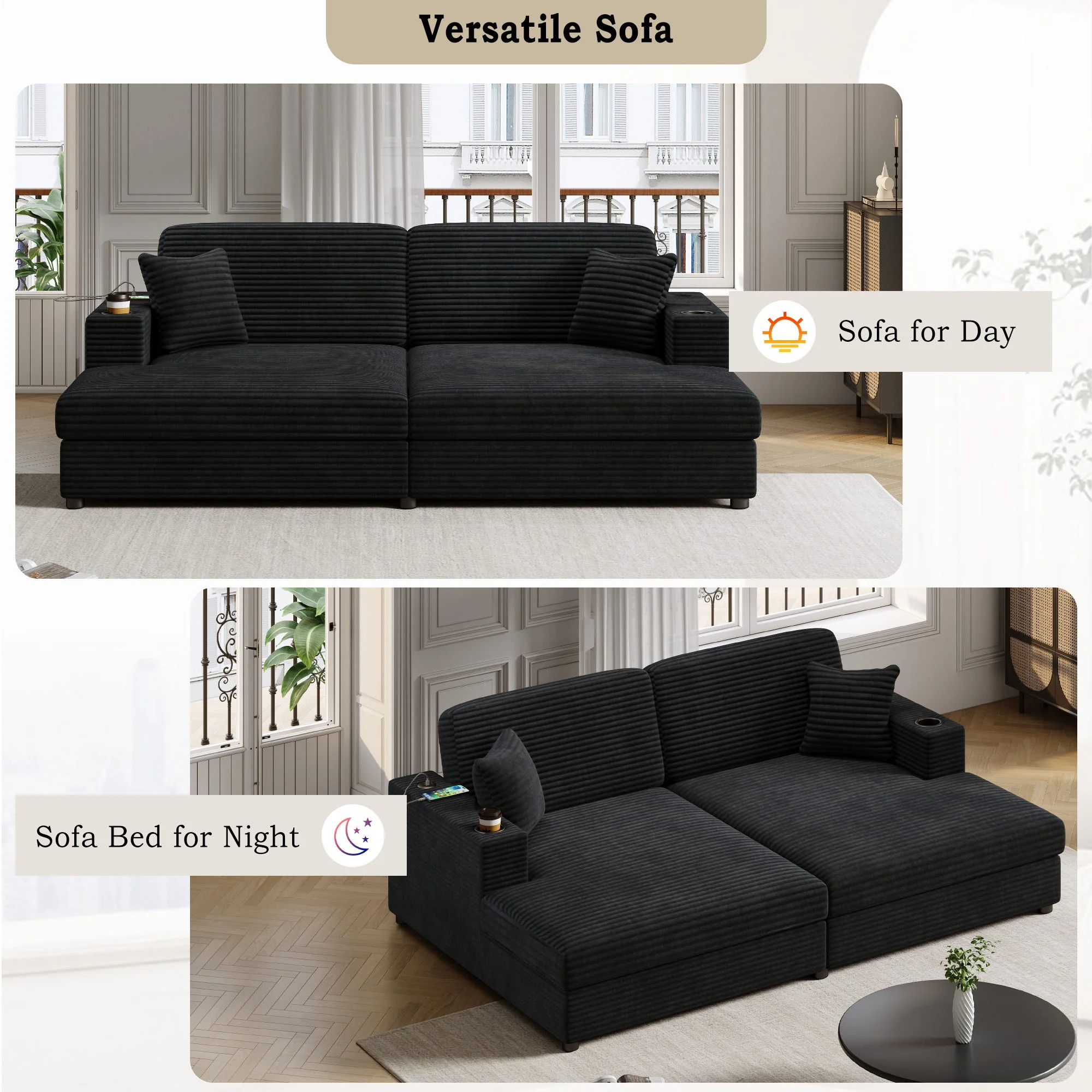Oversized Loveseat Chaise With 2 USB Ports, 2 Cup Holders And 2 Throw Pillows - Image 7