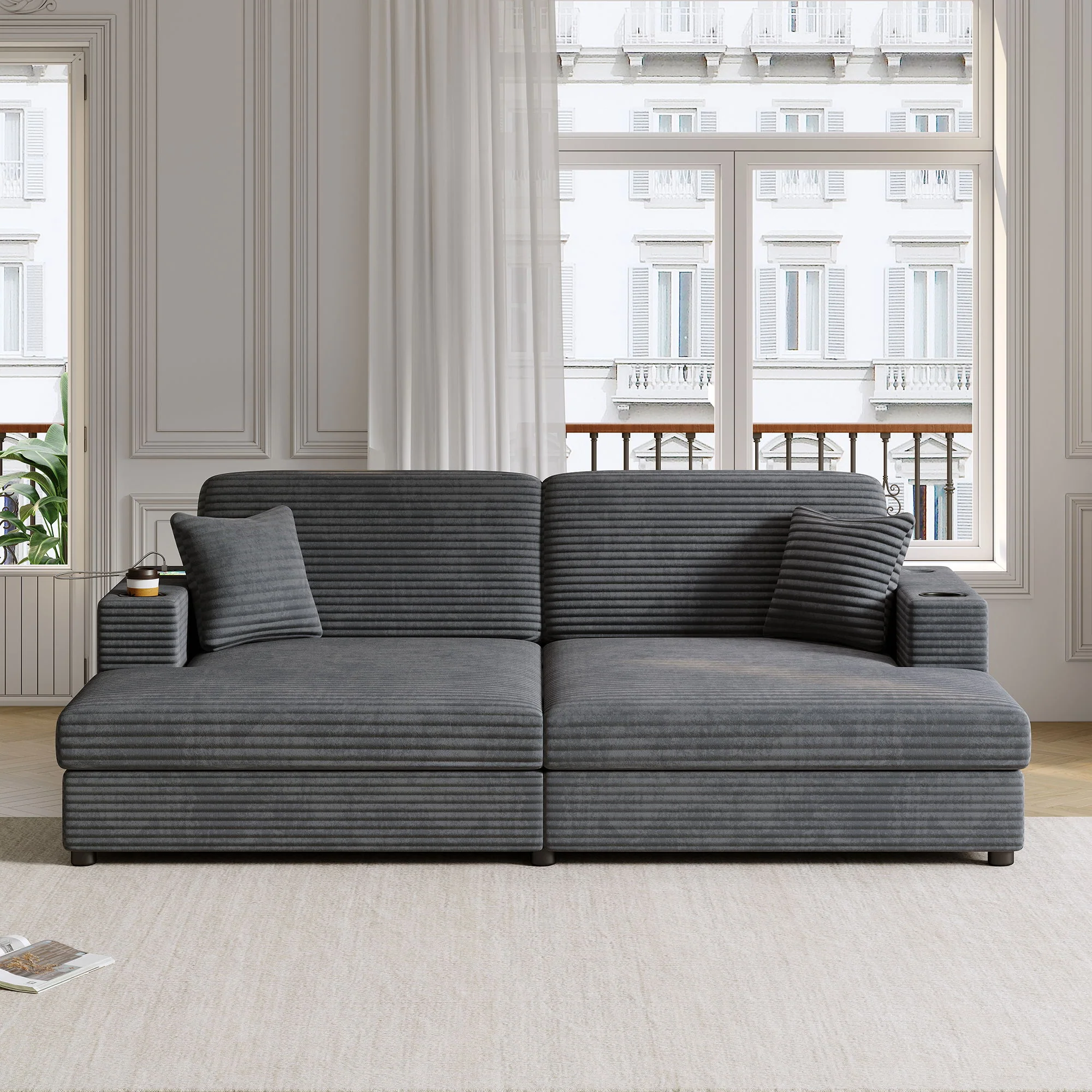 Oversized Loveseat Chaise With 2 USB Ports, 2 Cup Holders And 2 Throw Pillows - Image 9