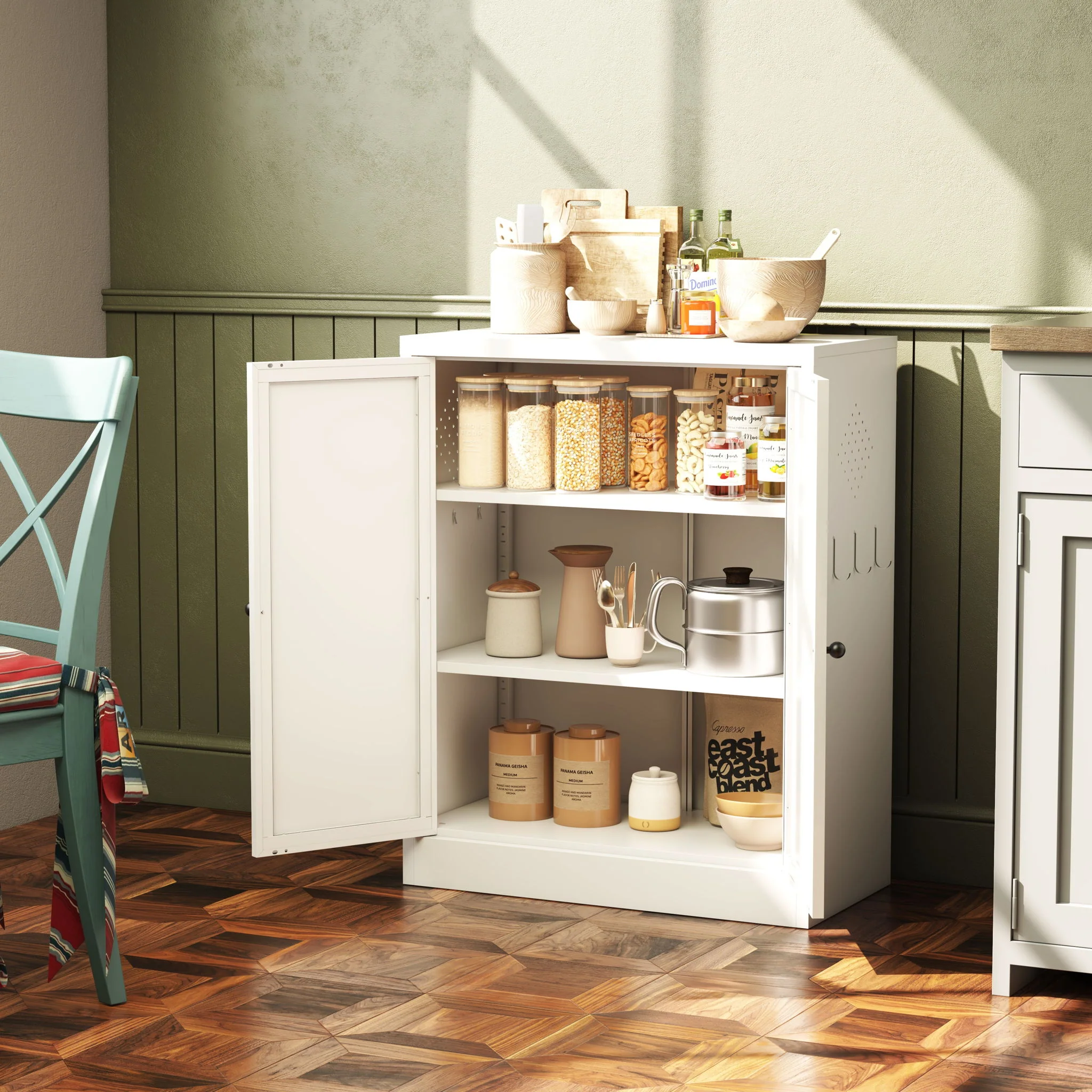 Pantry Cabinet With Adjustable Shelves Freestanding Kitchen Storage Organizer - White - Image 4