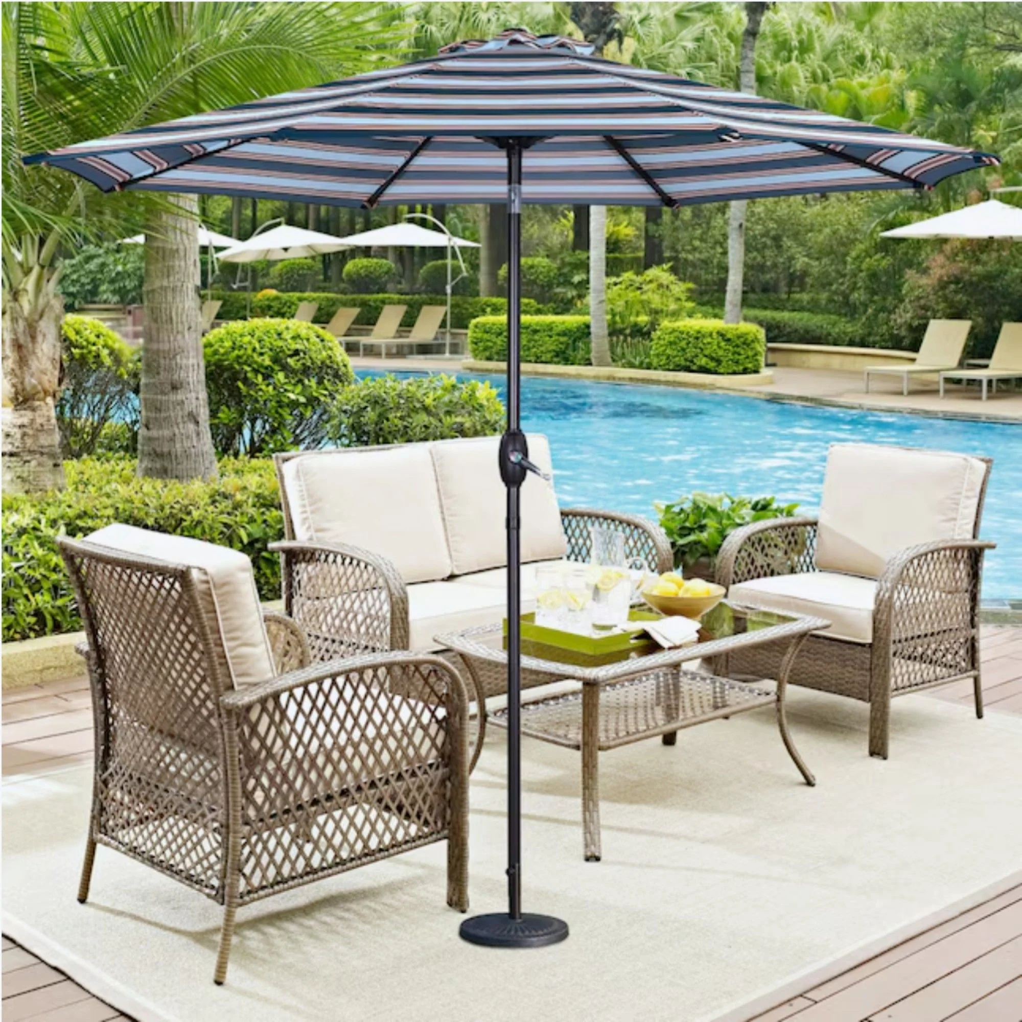 Patio Umbrella With Crank Lift & Push Button Tilt Frame, 200G / Sqm Solution Dyed Canopy - Blue Multi / Brown - Image 4