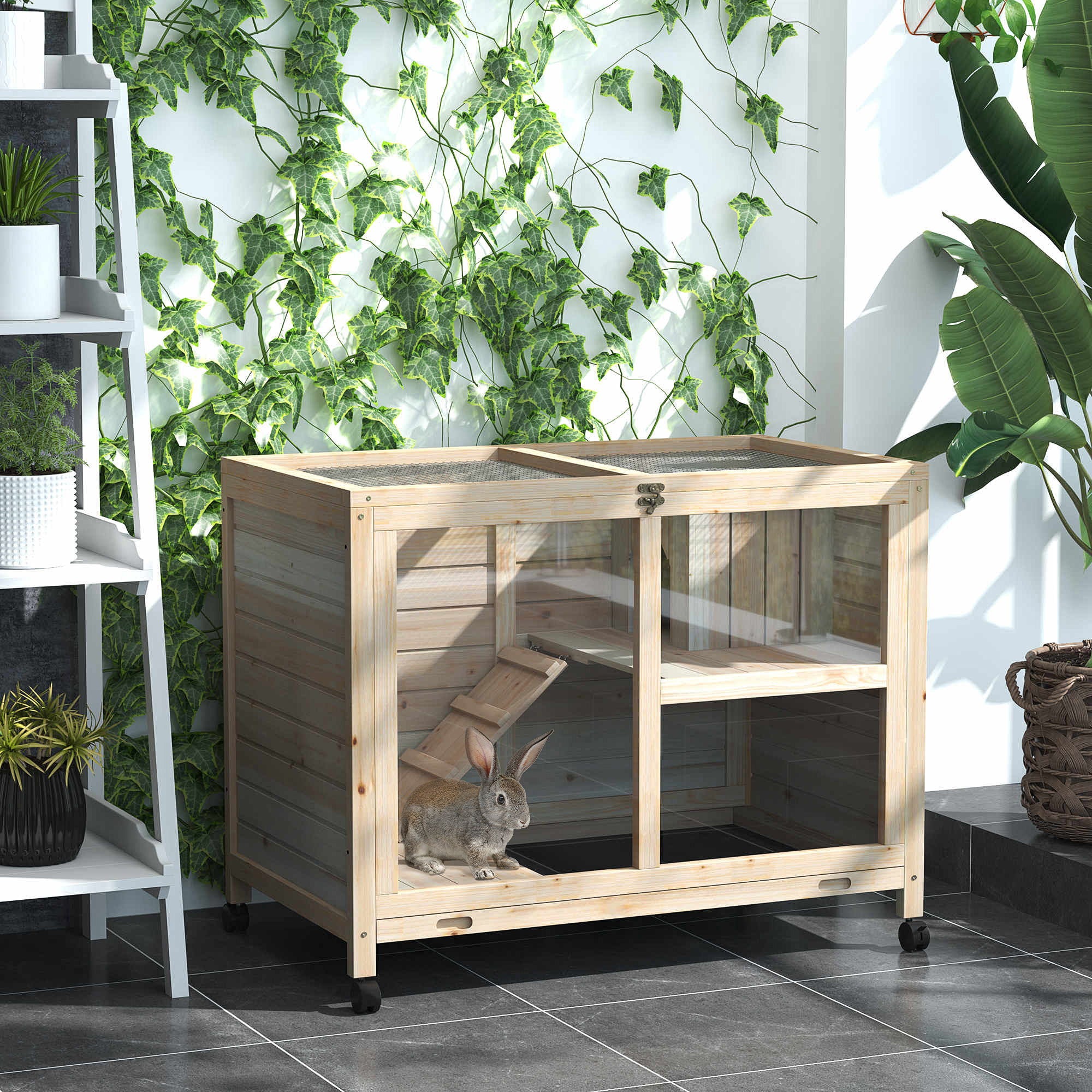 Pawhut - Indoor Rabbit Hutch With Wheels, Desk And Side Table Sized, Wood Rabbit Cage, Waterproof Small Rabbit Cage - Natural - Image 3