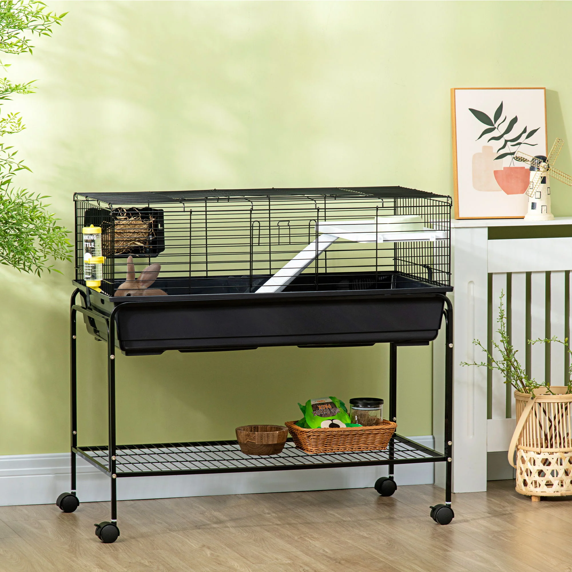 Pawhut - Two-Story Small Animal Cage Removable From Stand, Guinea Pig Cage, Hedgehog Cage, Chinchilla Cage, Ferret, With Shelf & Wheels, Pet Habitat - Black - Image 3