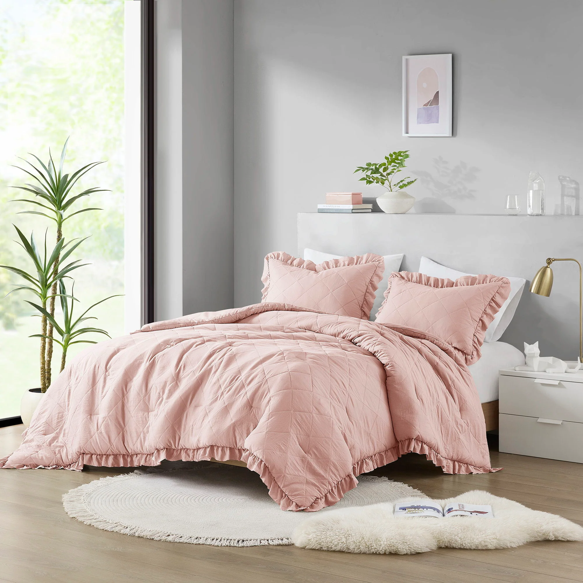 Phoebe - Full/Queen Diamond Quilted Ruffle Edge Comforter Set - Blush - Image 4