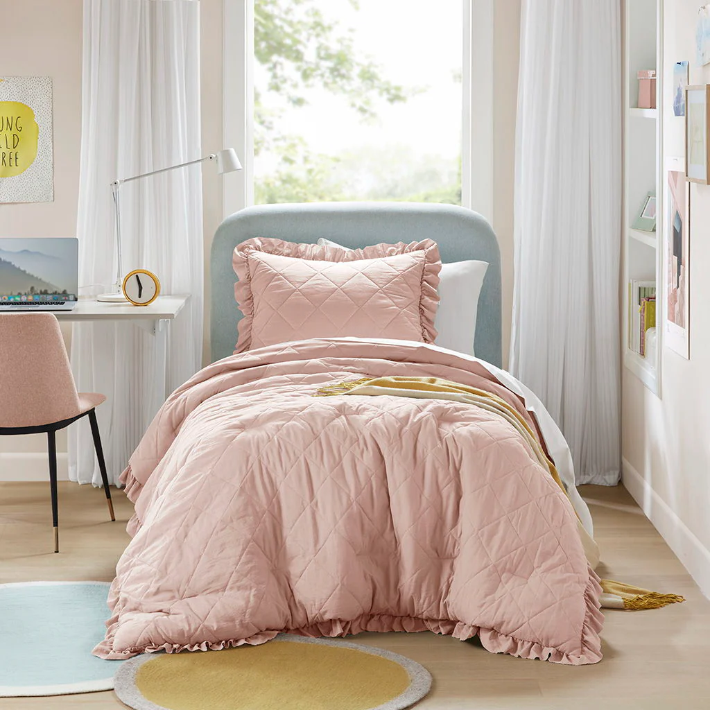 Phoebe - Twin/Twin Long Diamond Quilted Ruffle Edge Comforter Set - Blush - Image 3