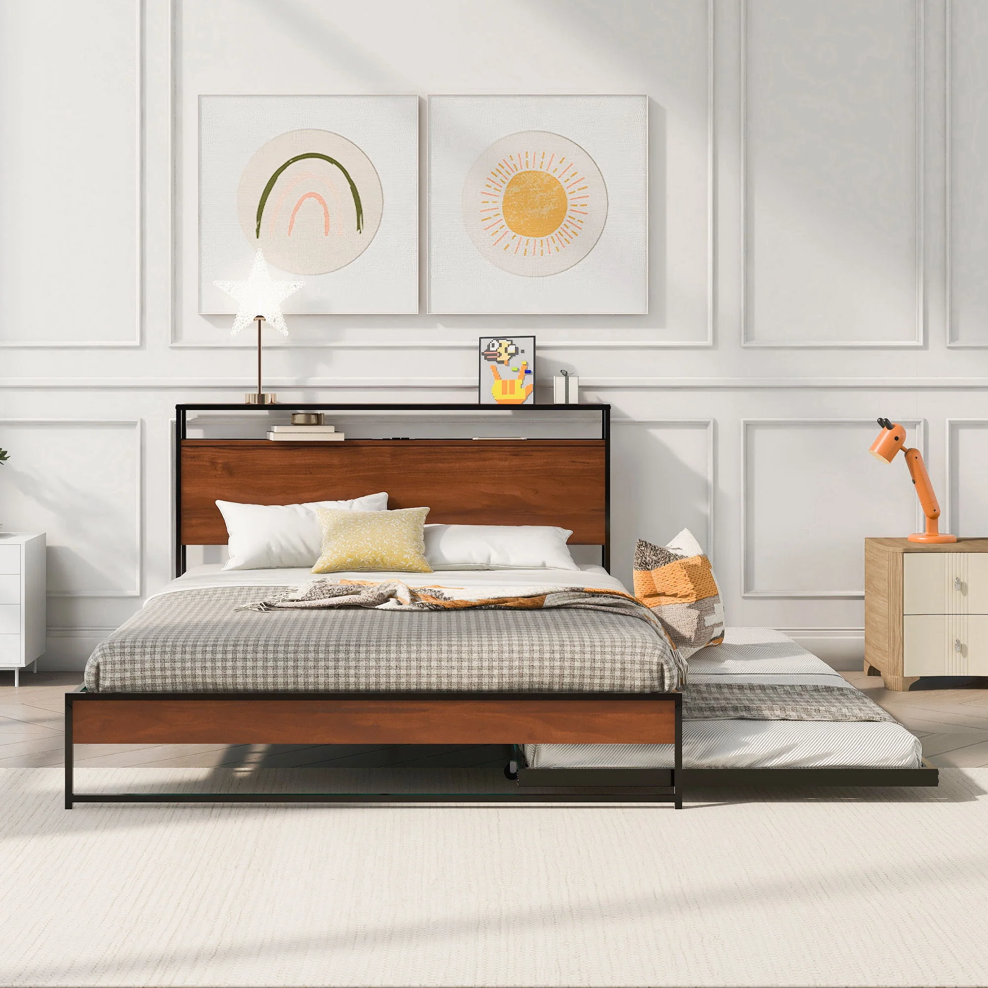 Platform Bed Frame With Trundle, USB Ports And Slat Support, No Box Spring Needed - Image 14