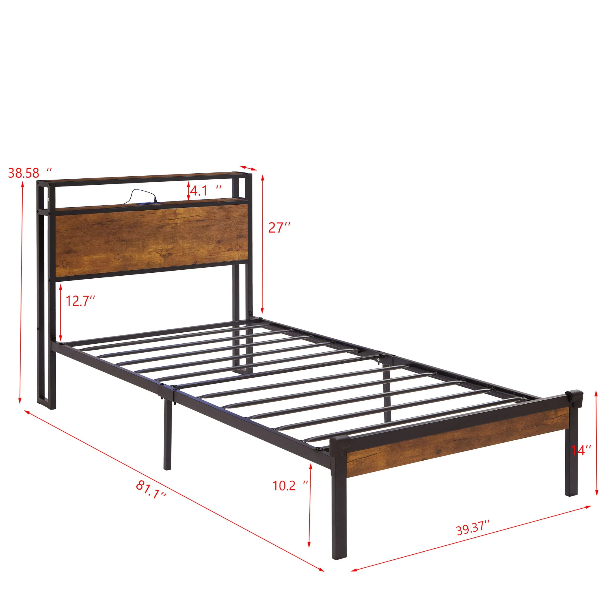 Platform Bed Frame With Wooden Headboard And Footboard, USB Liner - Image 3
