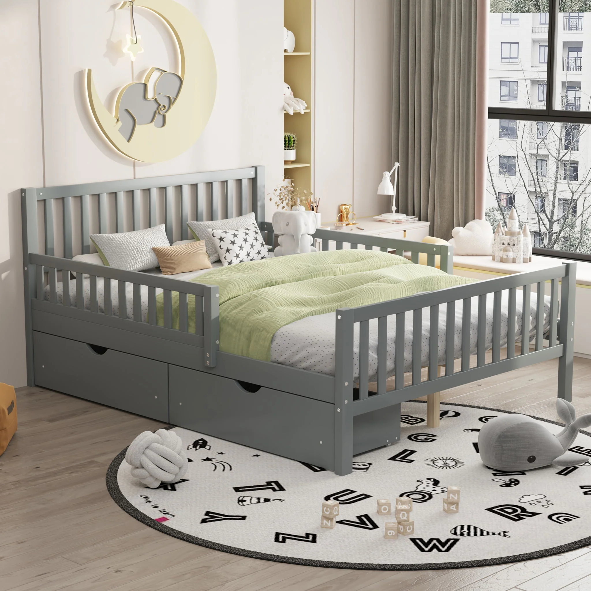 Platform Bed With Guardrails On Both Sides And 2 Storage Drawers - Image 21