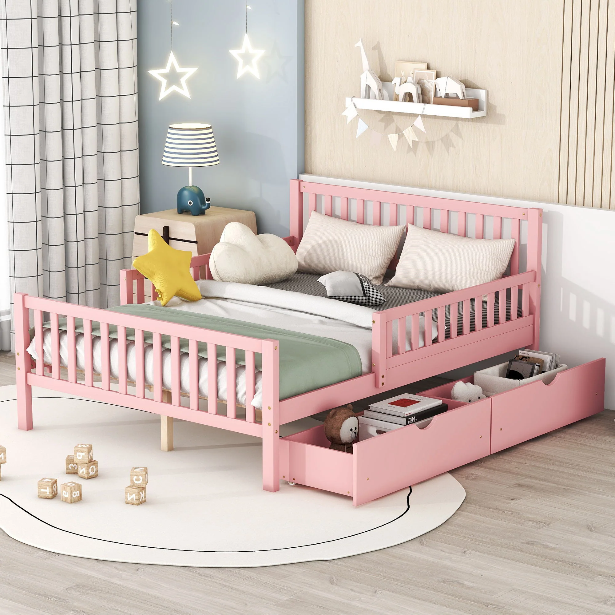 Platform Bed With Guardrails On Both Sides And 2 Storage Drawers - Image 6
