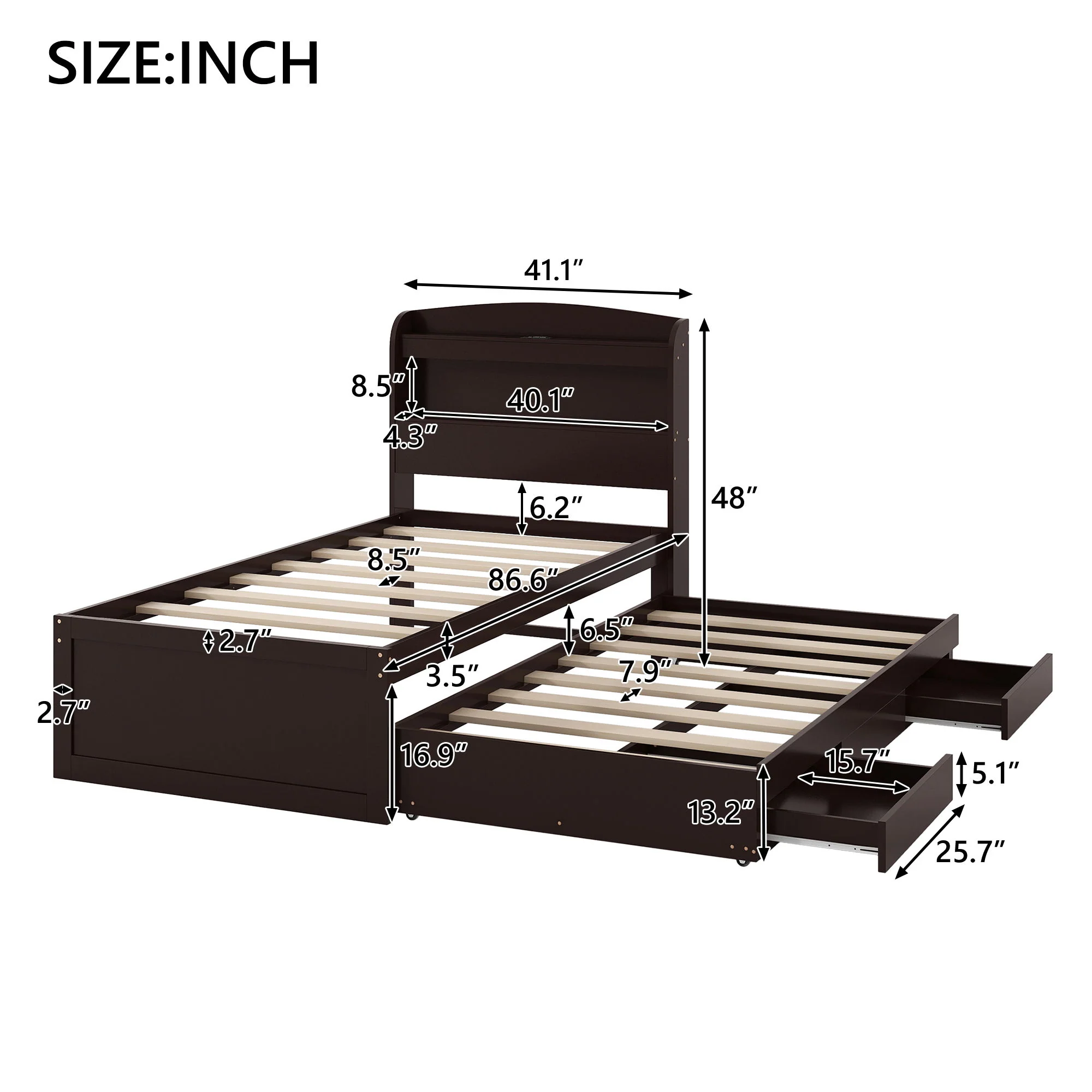 Platform Bed With LED Headboard, Charging Station, Trundle And 2 Drawers - Image 4