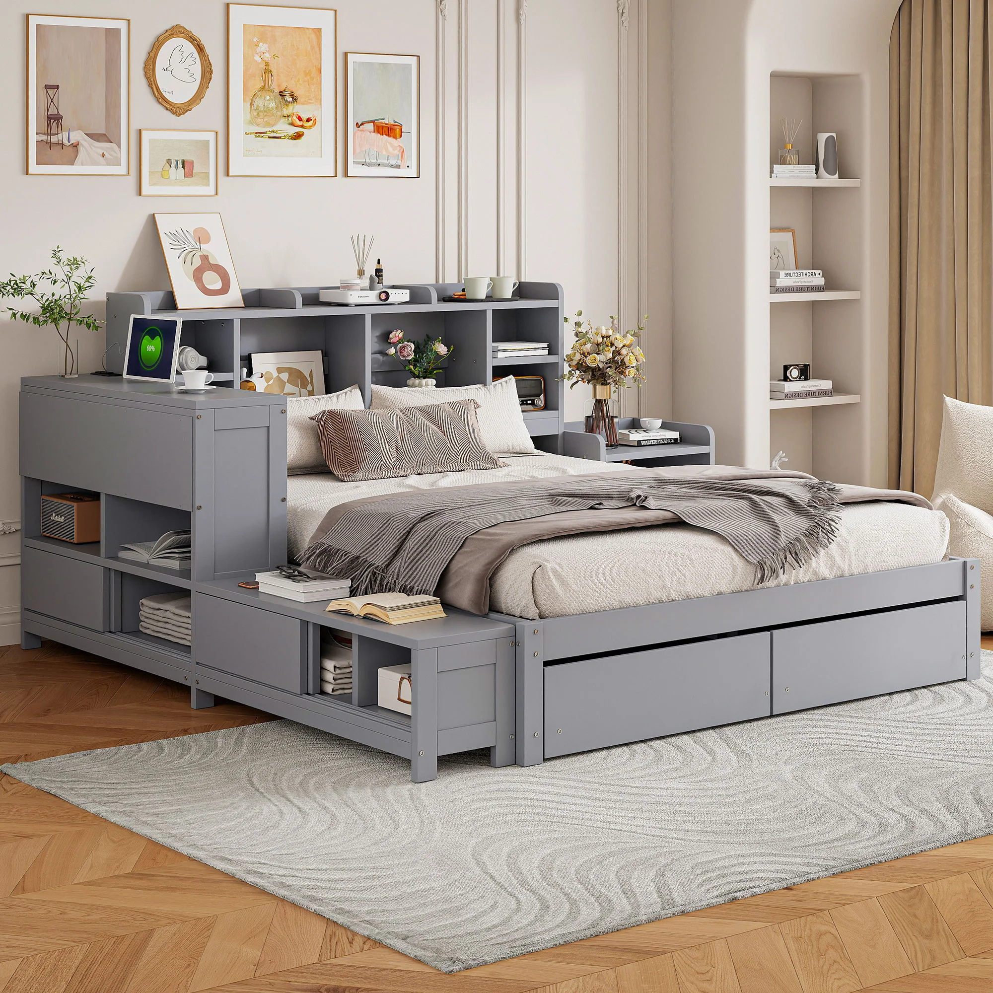 Platform Bed With Multi Functional Storage Space, Nightstand, 2 Drawers, USB Ports And Desk - Image 5